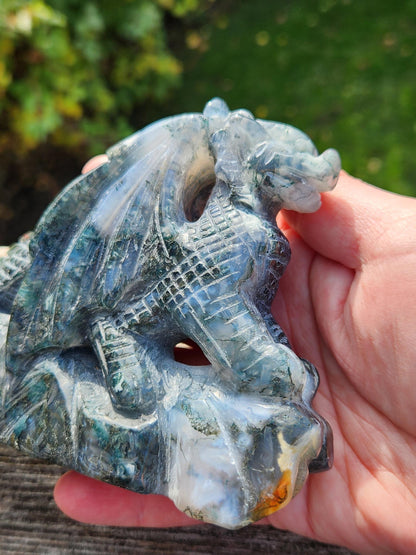 AAA Natural Moss Agate Crystal Carved Full Body Dragon, DND