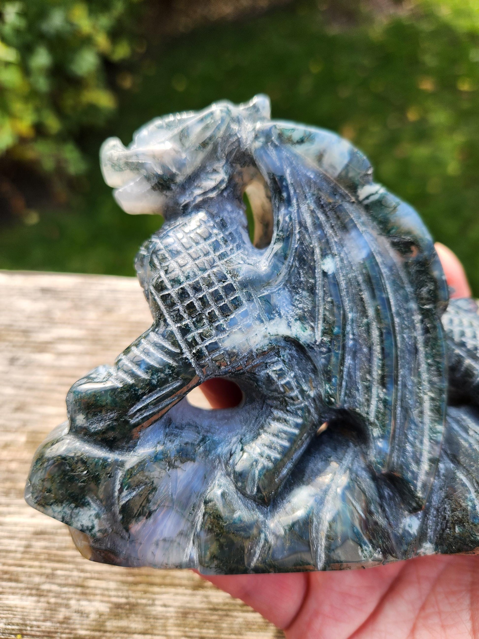 AAA Natural Moss Agate Crystal Carved Full Body Dragon, DND