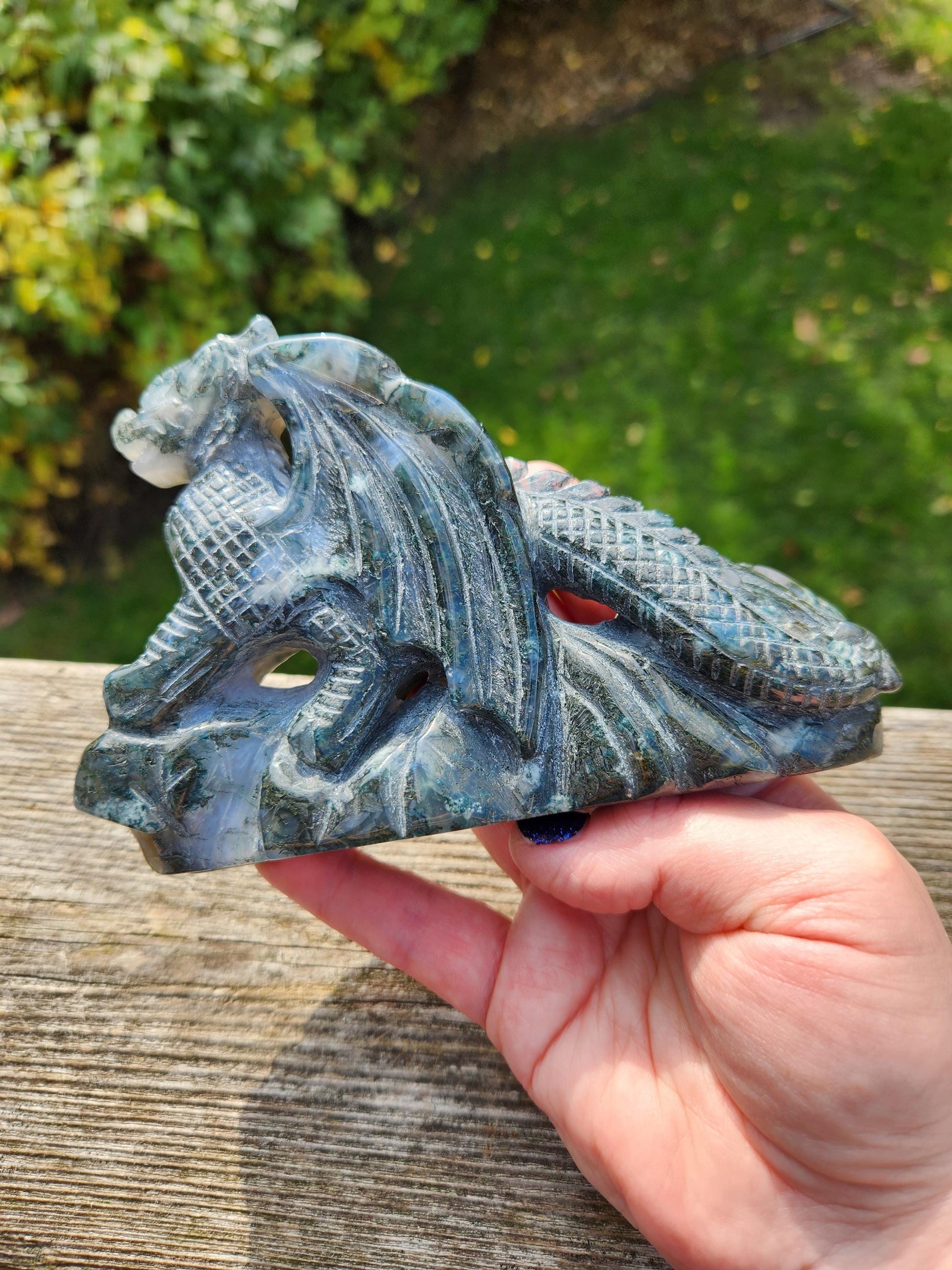 AAA Natural Moss Agate Crystal Carved Full Body Dragon, DND