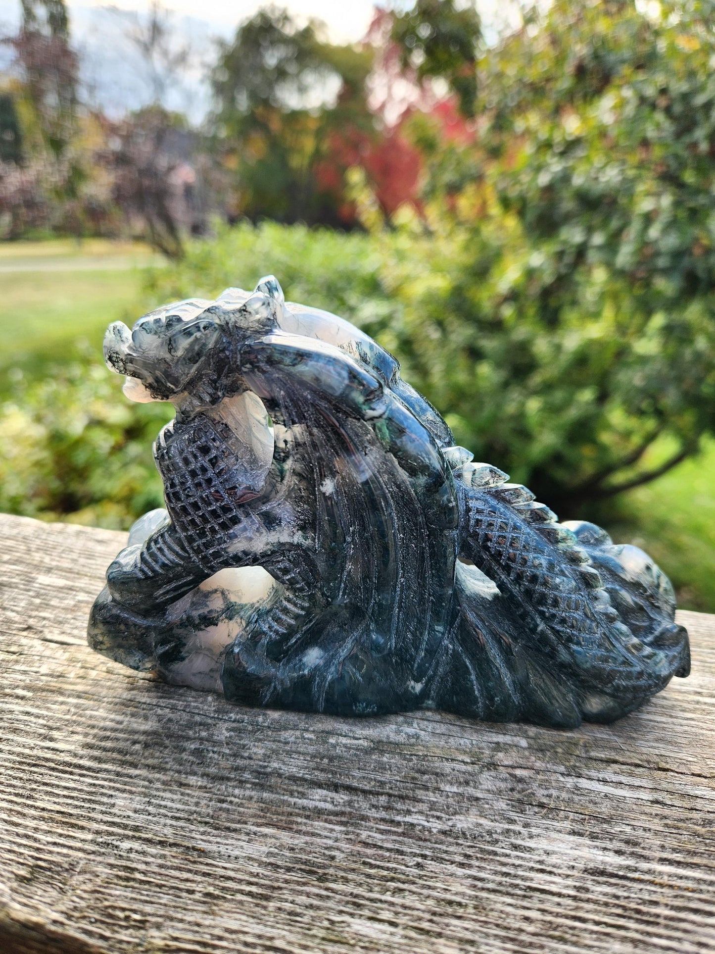 AAA Natural Moss Agate Crystal Carved Full Body Dragon, DND