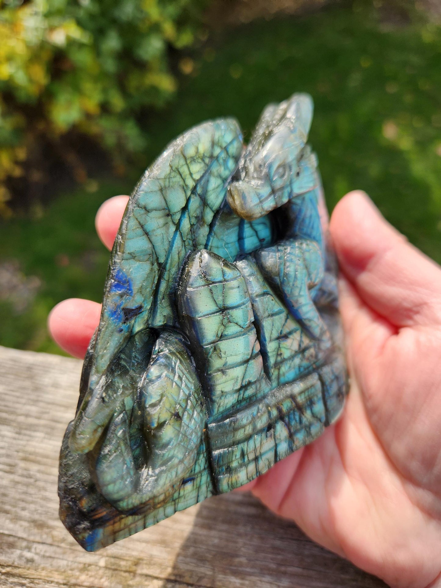Rare Labradorite Carved Dragon Crystal with flash, DnD