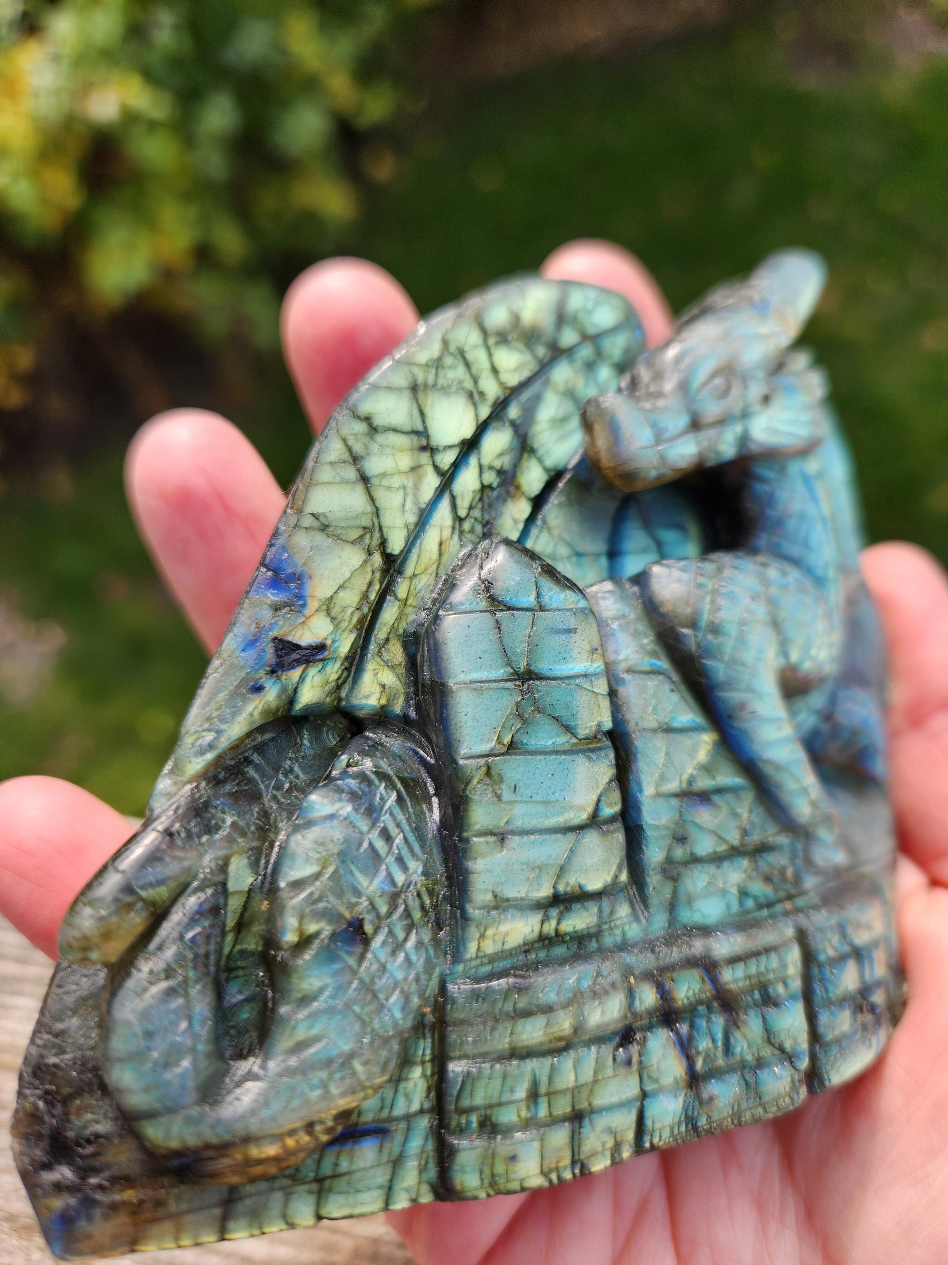 Rare Labradorite Carved Dragon Crystal with flash, DnD
