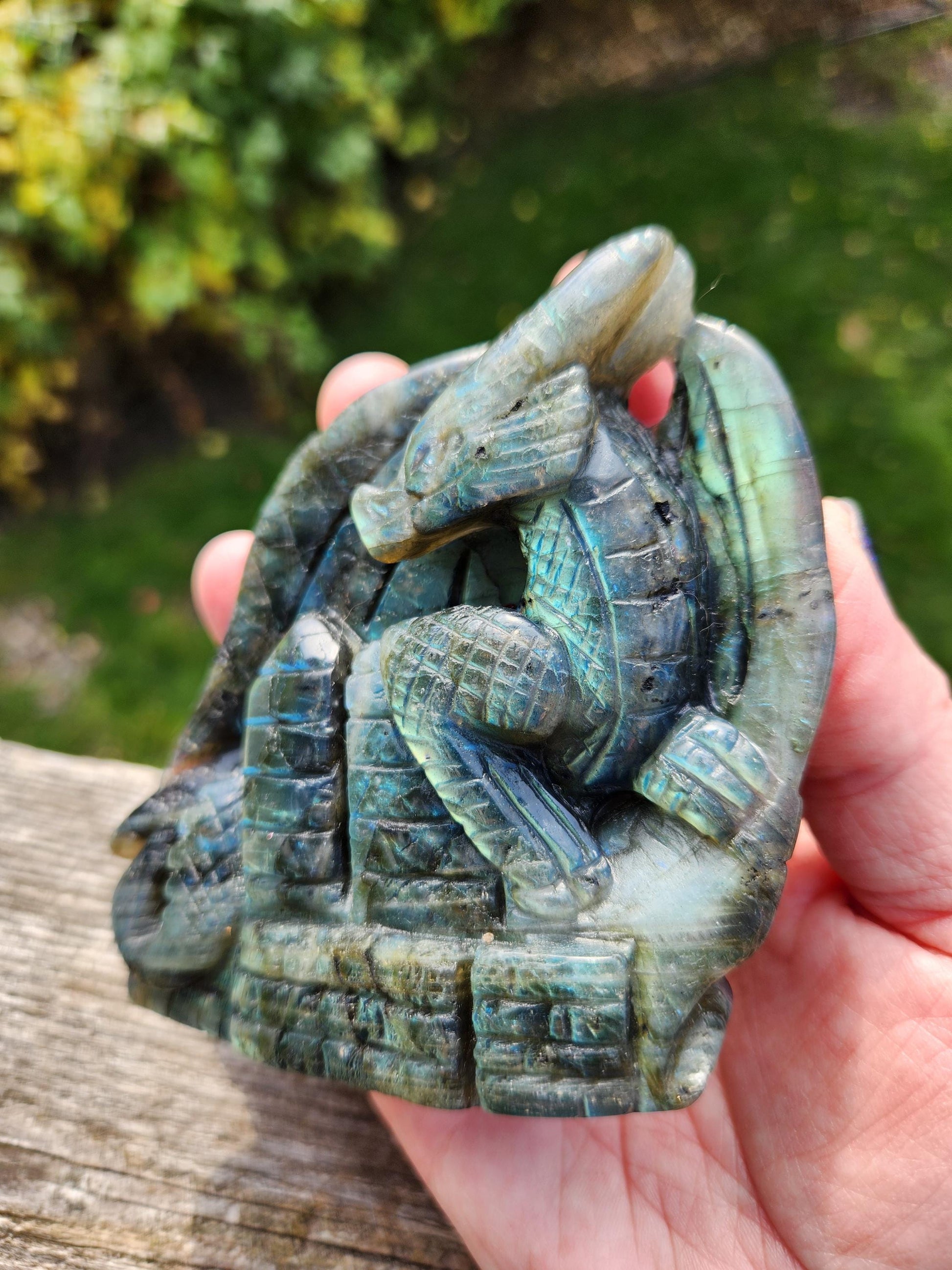 Rare Labradorite Carved Dragon Crystal with flash, DnD