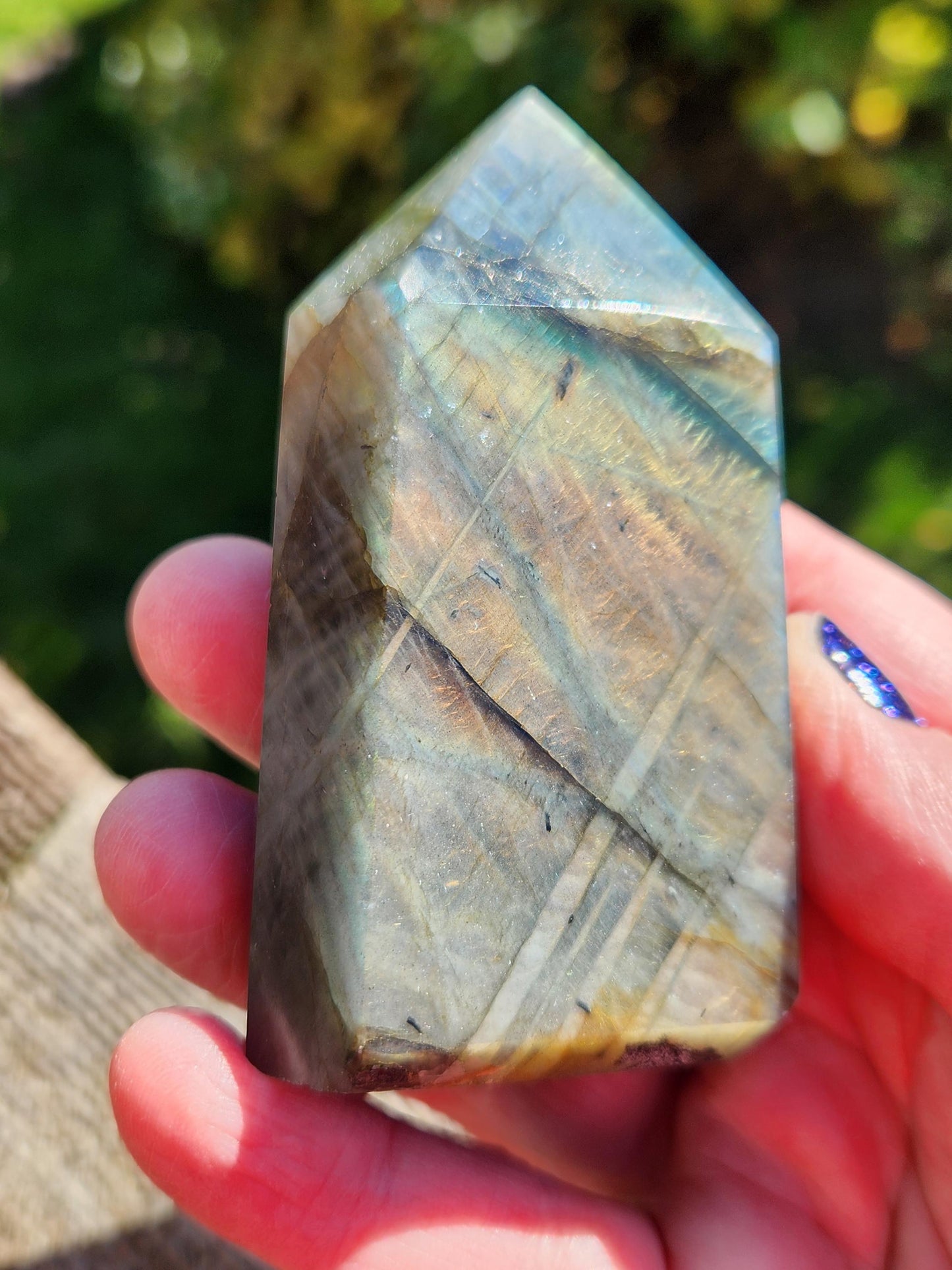 AAA Labradorite Tower Point: High Polished Crystal with Orange Yellow Blue Green Flash