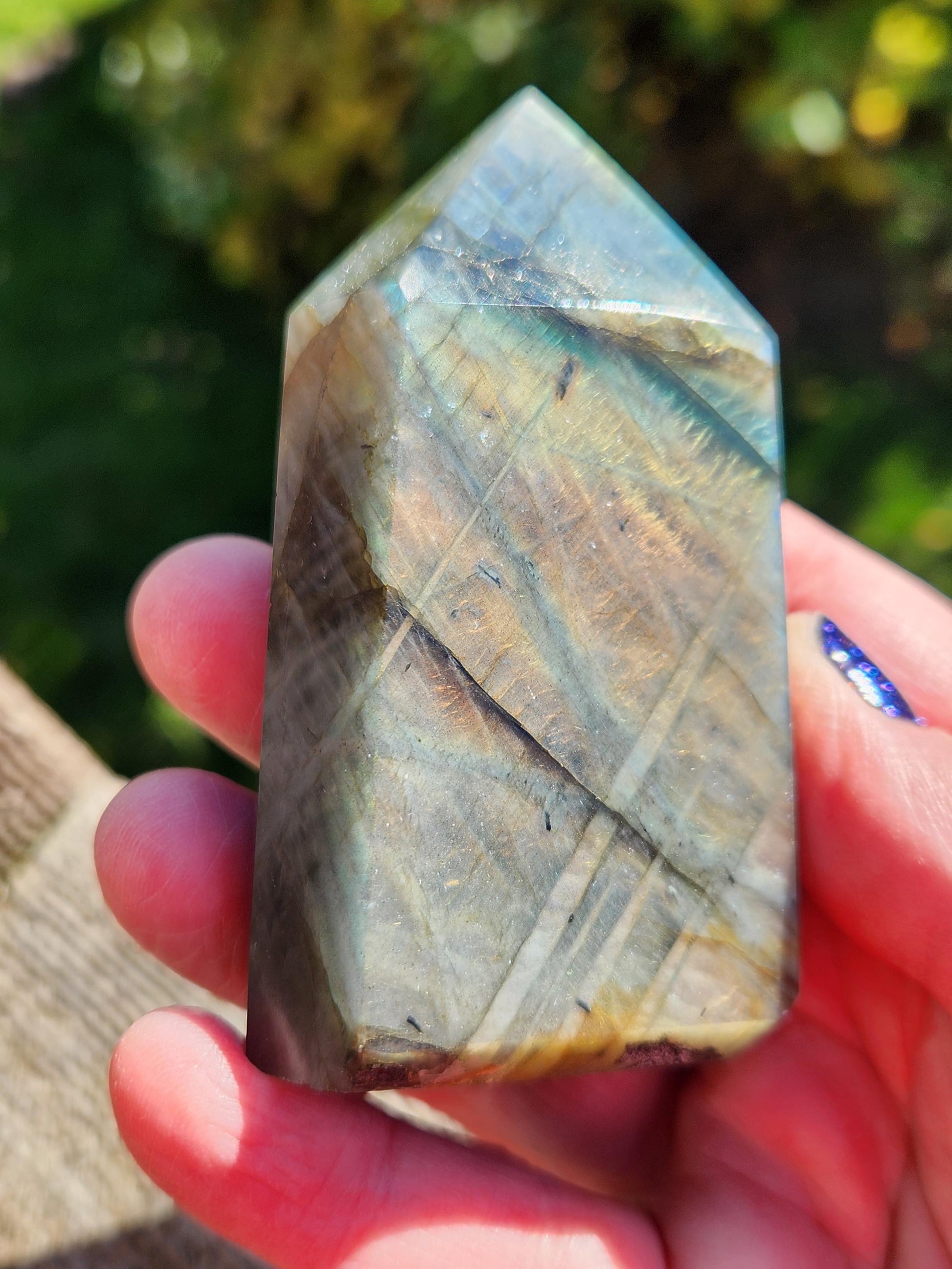 AAA Labradorite Tower Point: High Polished Crystal with Orange Yellow Blue Green Flash