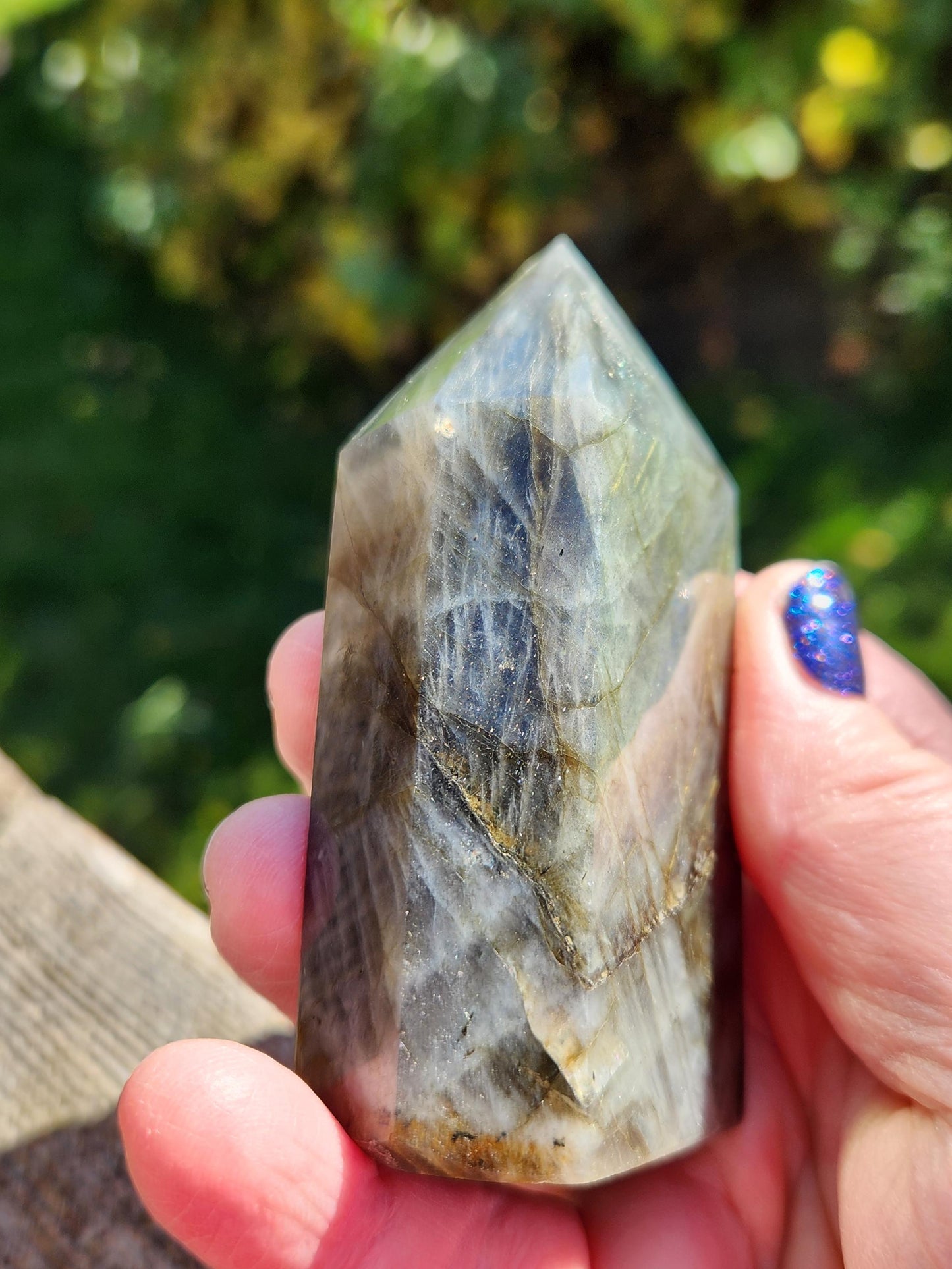 AAA Labradorite Tower Point: High Polished Crystal with Orange Yellow Blue Green Flash