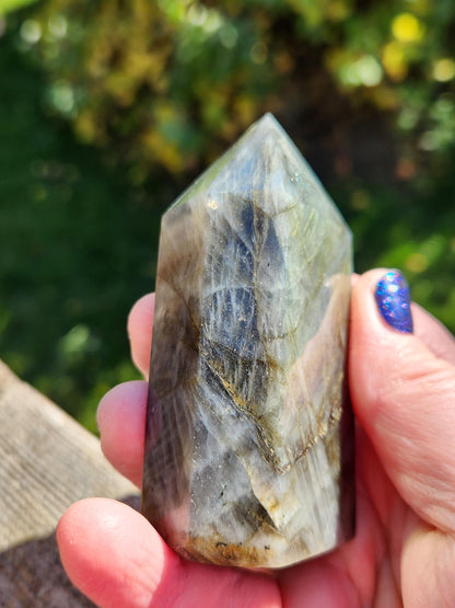 AAA Labradorite Tower Point: High Polished Crystal with Orange Yellow Blue Green Flash