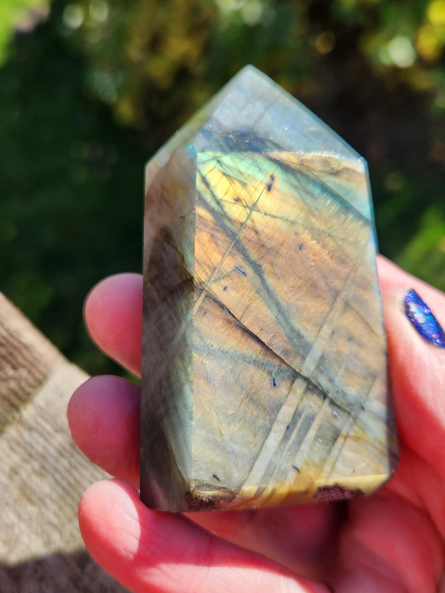 AAA Labradorite Tower Point: High Polished Crystal with Orange Yellow Blue Green Flash