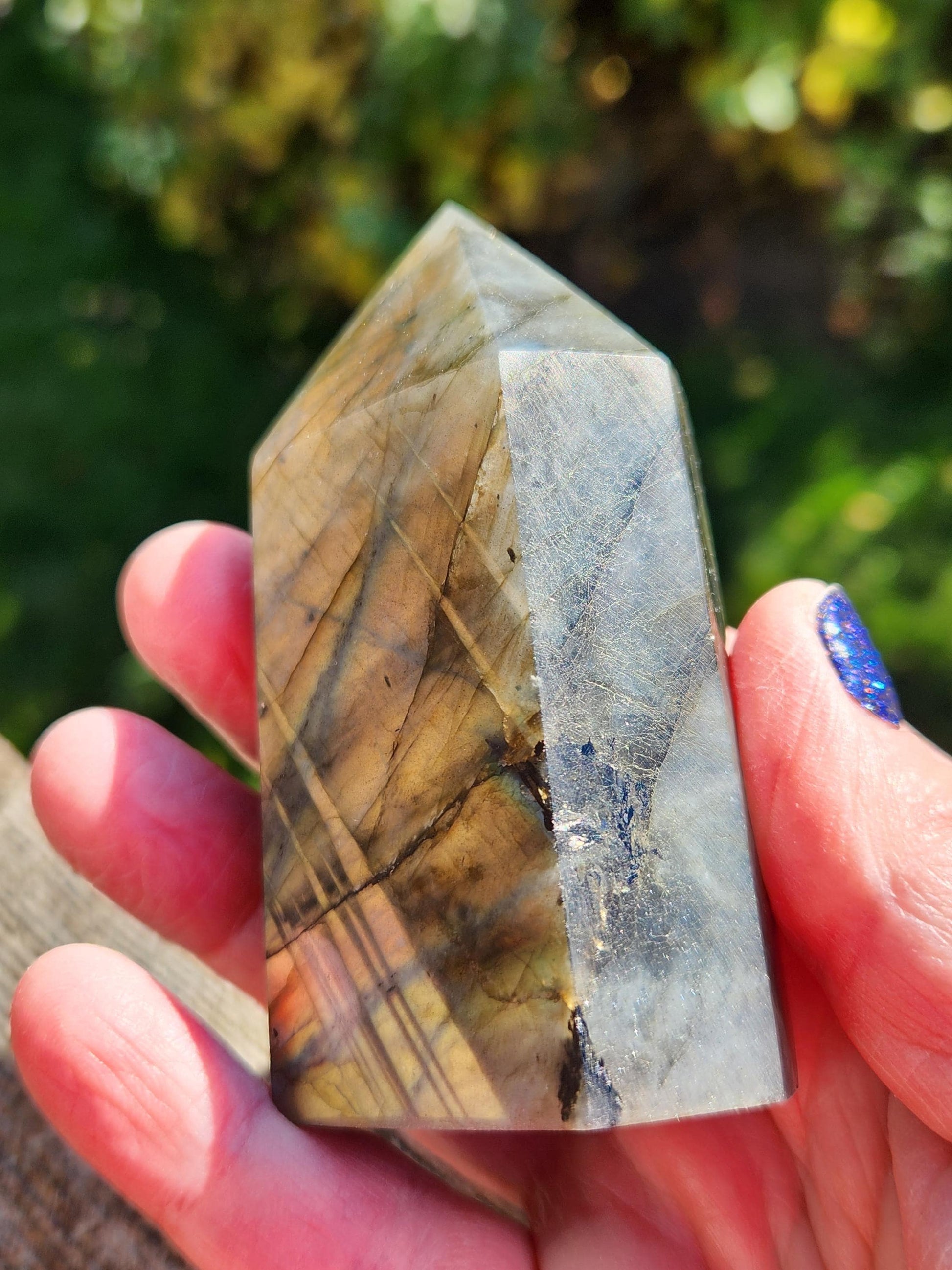 AAA Labradorite Tower Point: High Polished Crystal with Orange Yellow Blue Green Flash