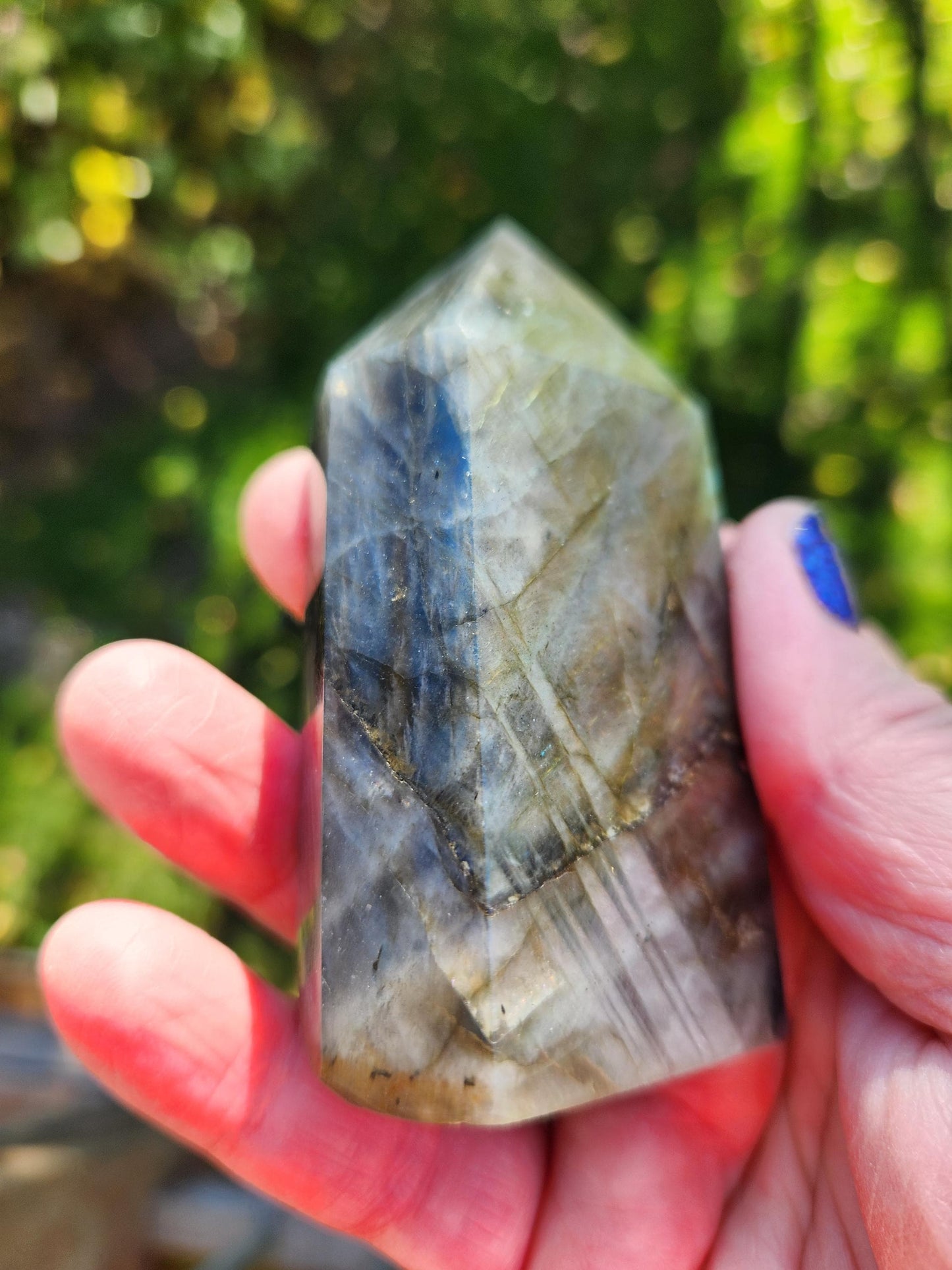 AAA Labradorite Tower Point: High Polished Crystal with Orange Yellow Blue Green Flash