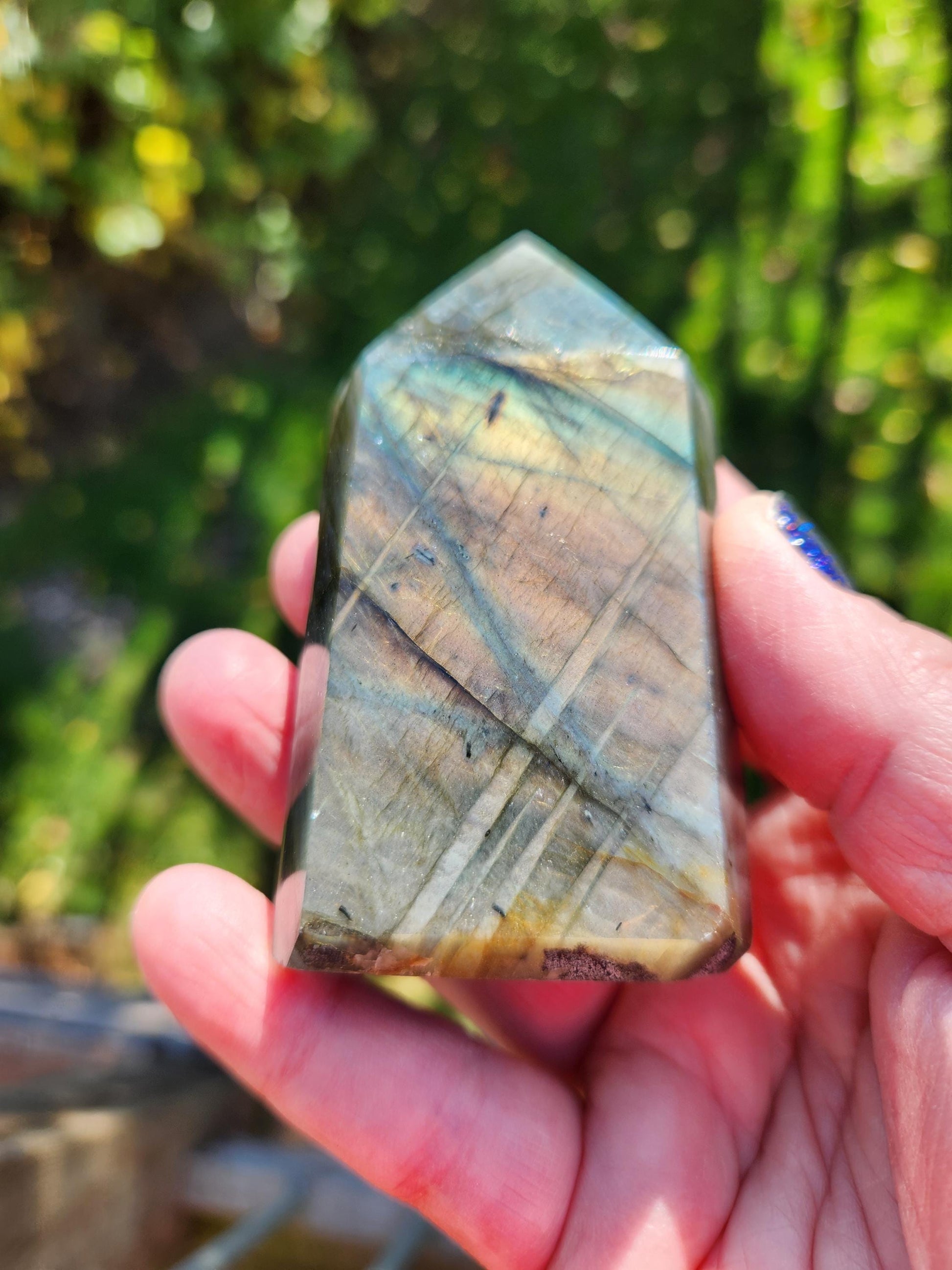 AAA Labradorite Tower Point: High Polished Crystal with Orange Yellow Blue Green Flash