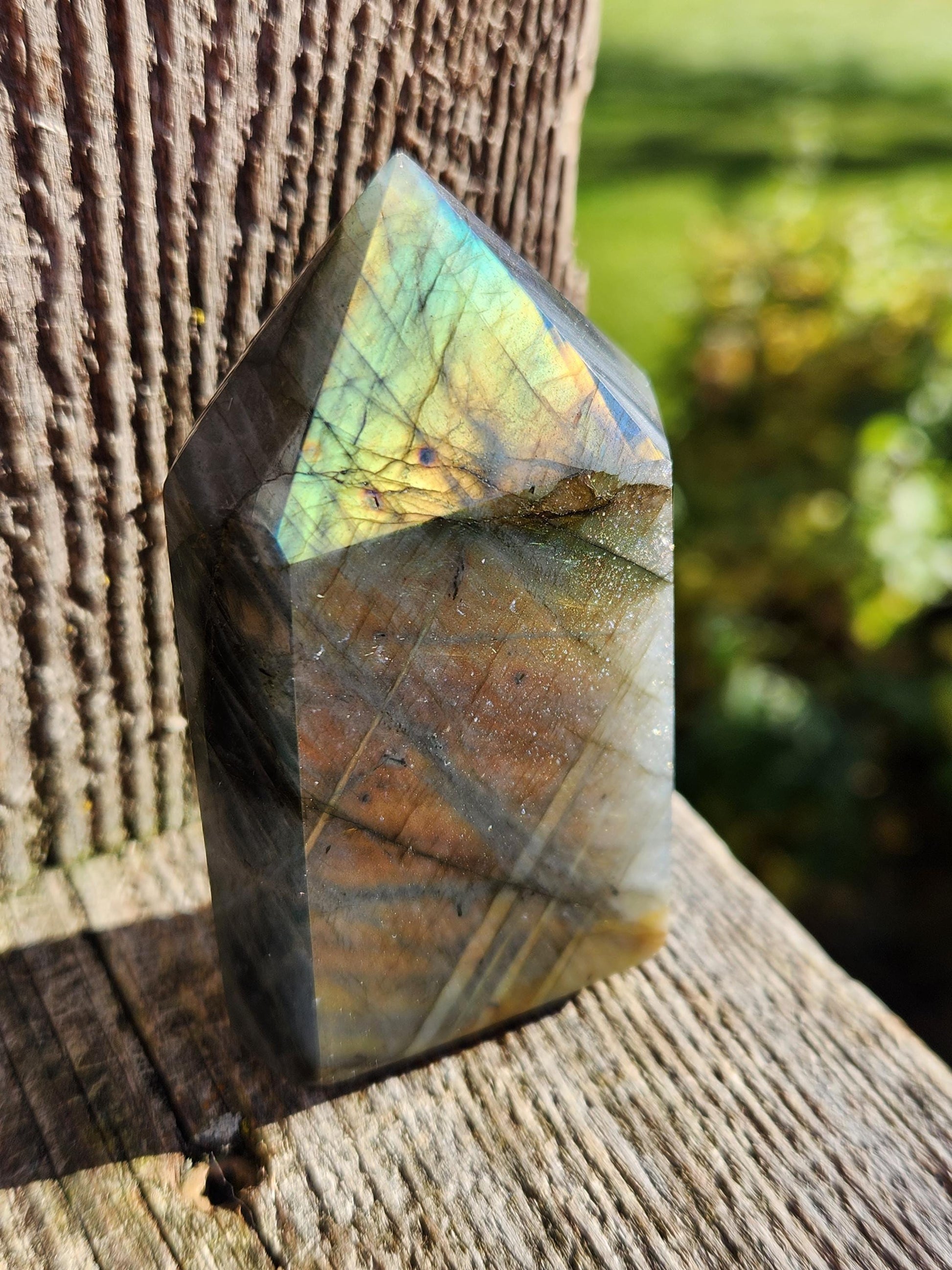 AAA Labradorite Tower Point: High Polished Crystal with Orange Yellow Blue Green Flash
