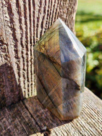 AAA Labradorite Tower Point: High Polished Crystal with Orange Yellow Blue Green Flash