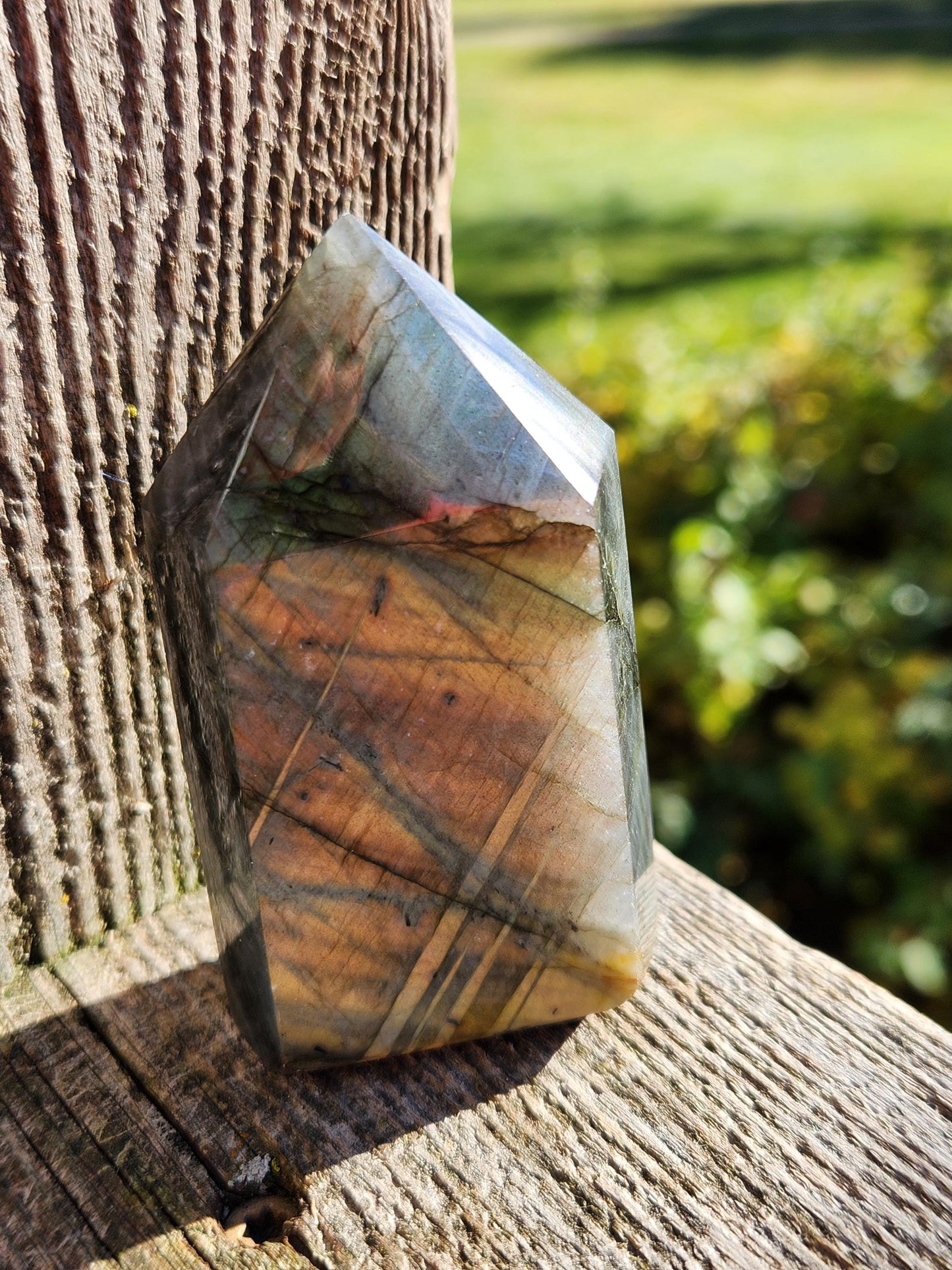 AAA Labradorite Tower Point: High Polished Crystal with Orange Yellow Blue Green Flash