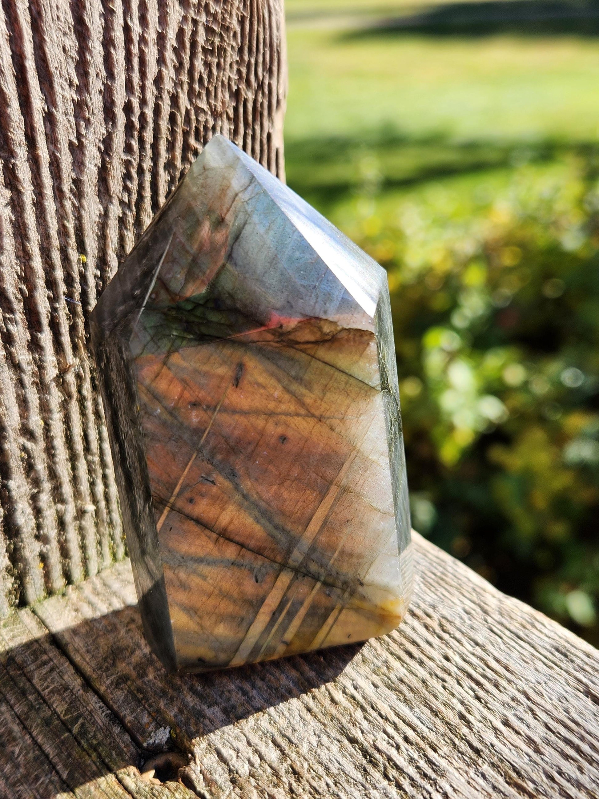 AAA Labradorite Tower Point: High Polished Crystal with Orange Yellow Blue Green Flash
