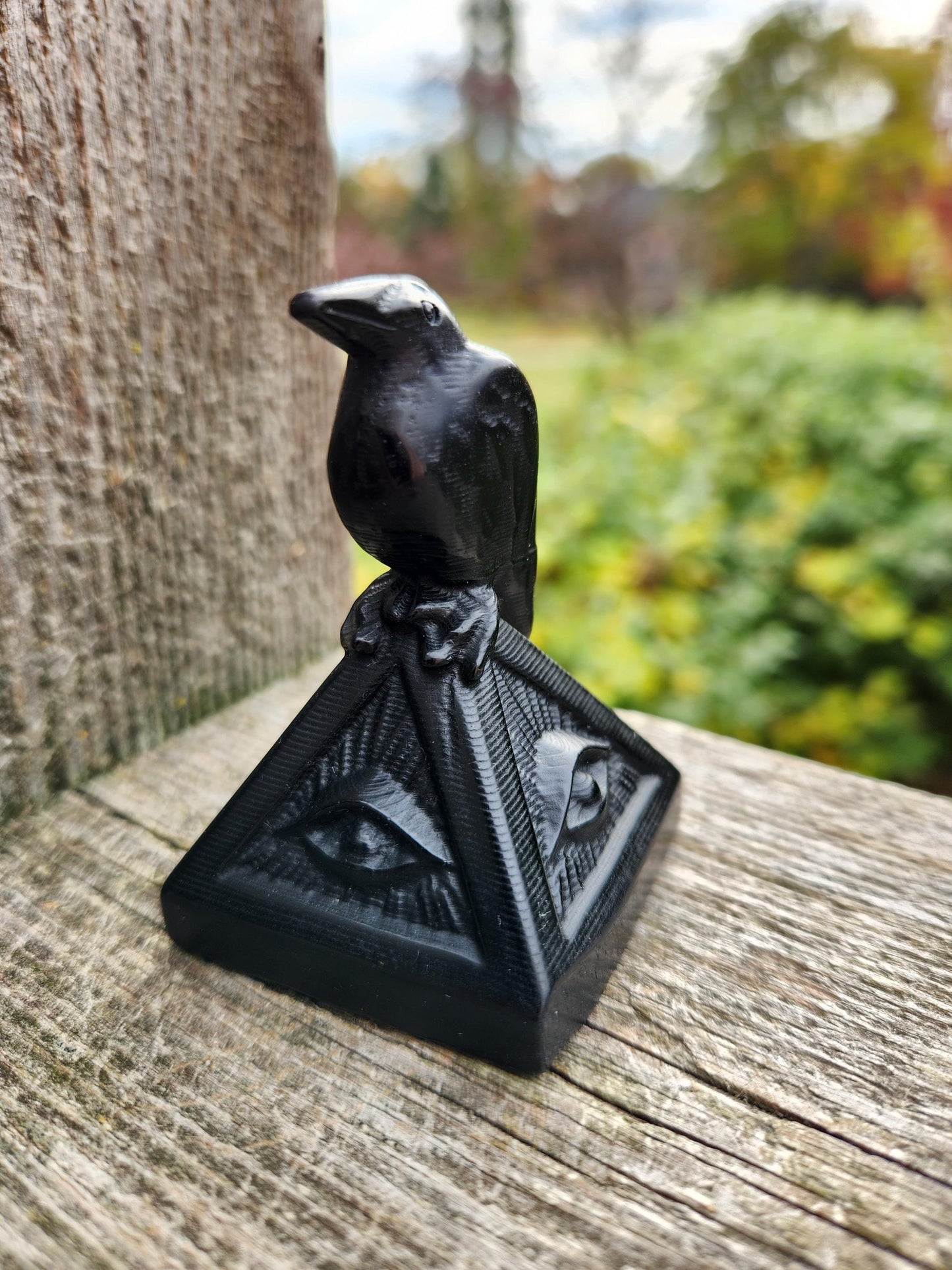Carved Black Obsidian Raven on a 3rd Eye Pyramid: Natural Crystal, Crow