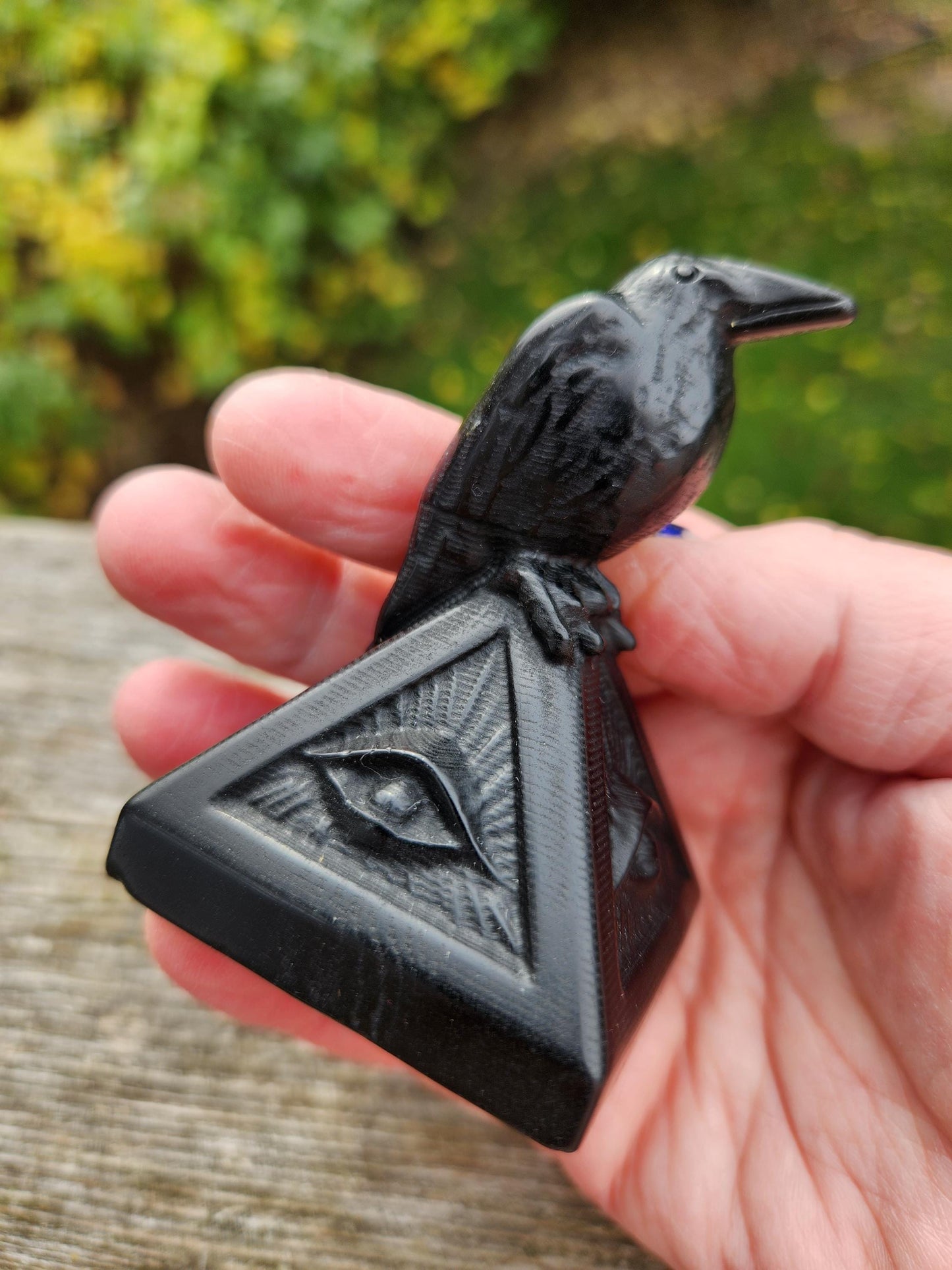 Carved Black Obsidian Raven on a 3rd Eye Pyramid: Natural Crystal, Crow
