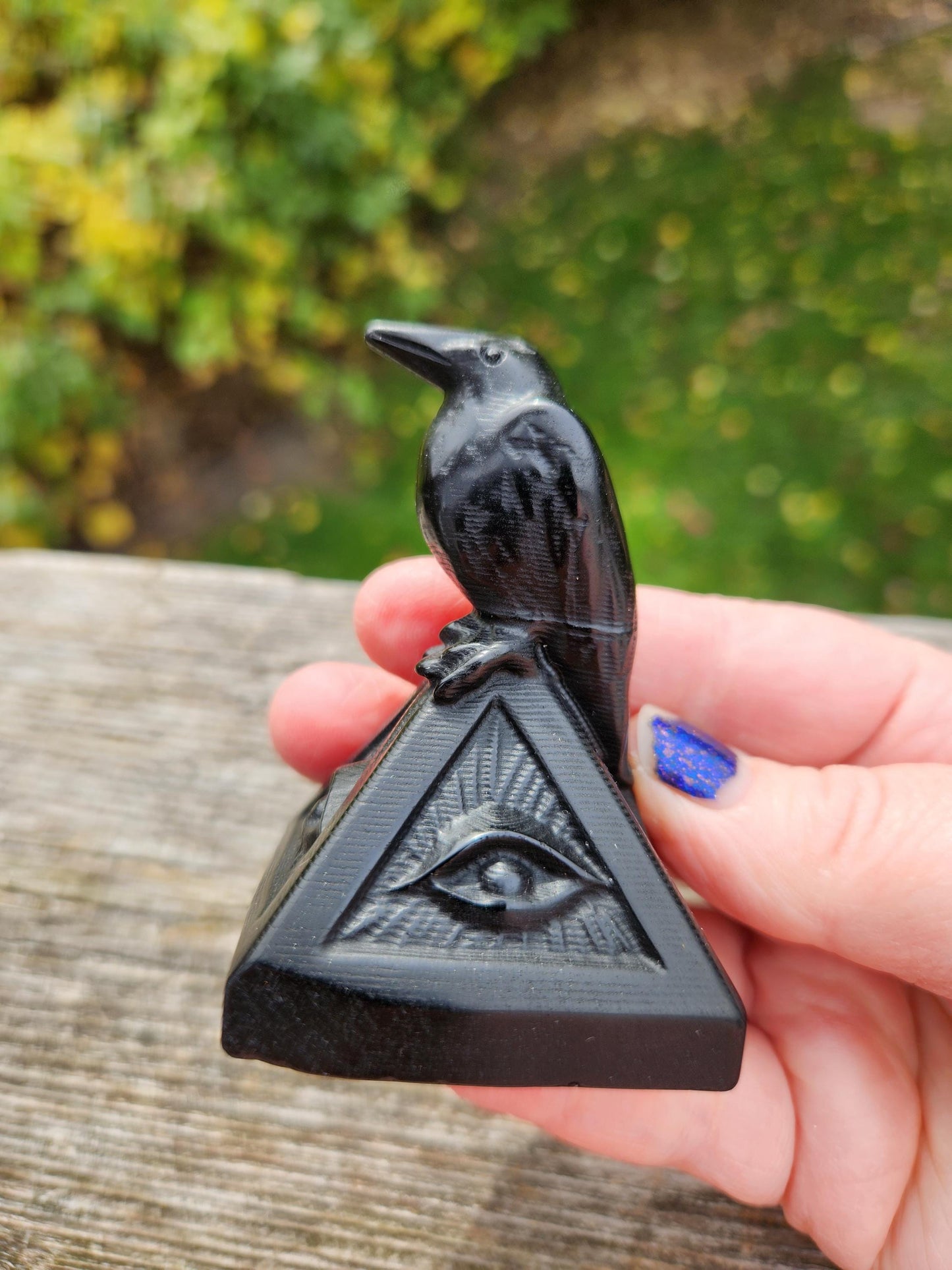 Carved Black Obsidian Raven on a 3rd Eye Pyramid: Natural Crystal, Crow