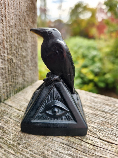Carved Black Obsidian Raven on a 3rd Eye Pyramid: Natural Crystal, Crow