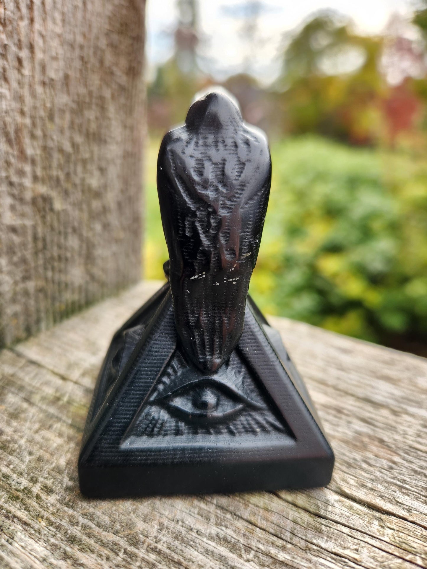 Carved Black Obsidian Raven on a 3rd Eye Pyramid: Natural Crystal, Crow