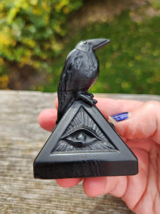 Carved Black Obsidian Raven on a 3rd Eye Pyramid: Natural Crystal, Crow