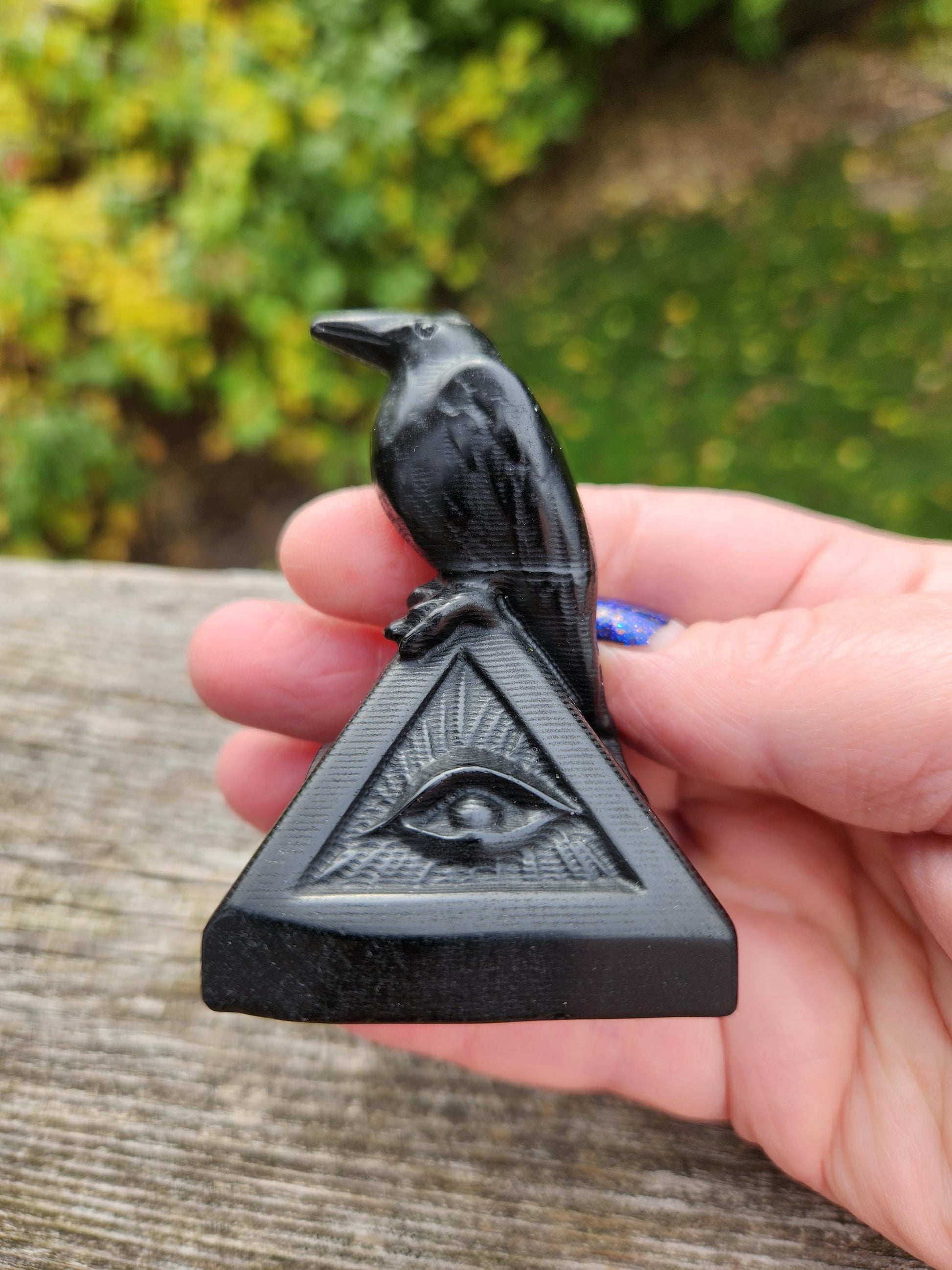 Carved Black Obsidian Raven on a 3rd Eye Pyramid: Natural Crystal, Crow
