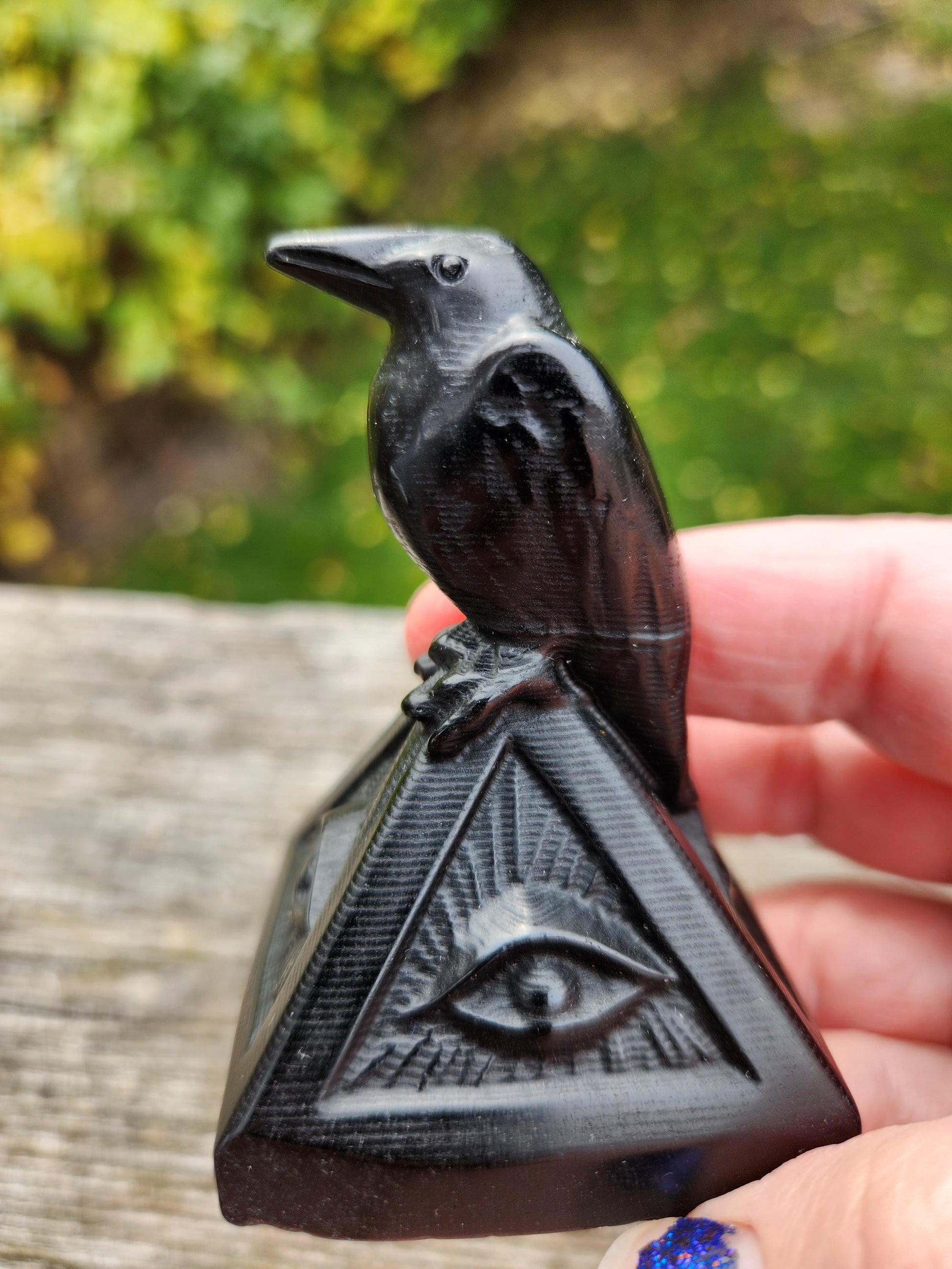 Carved Black Obsidian Raven on a 3rd Eye Pyramid: Natural Crystal, Crow