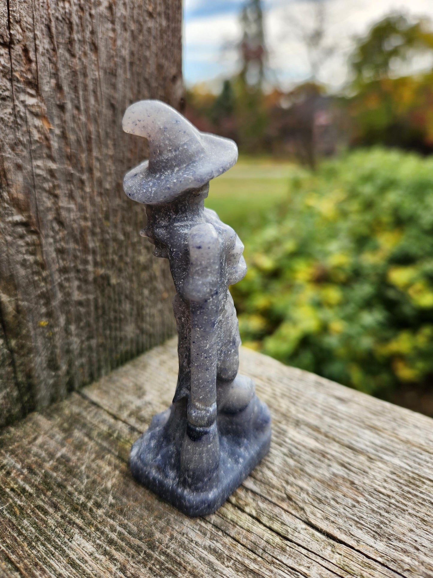 Blue Aventurine Crystal Witch with Cat & Broom Carving