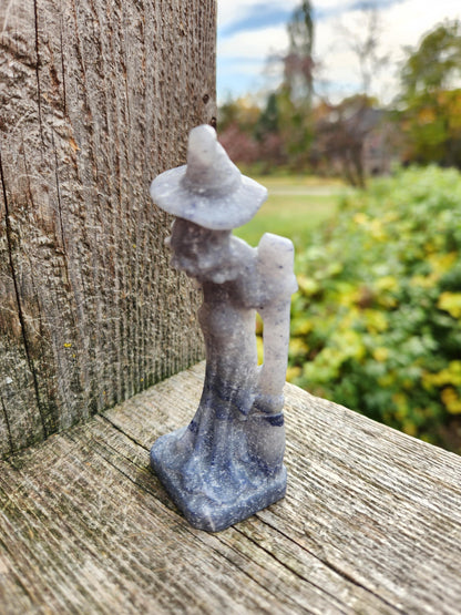 Blue Aventurine Crystal Witch with Cat & Broom Carving