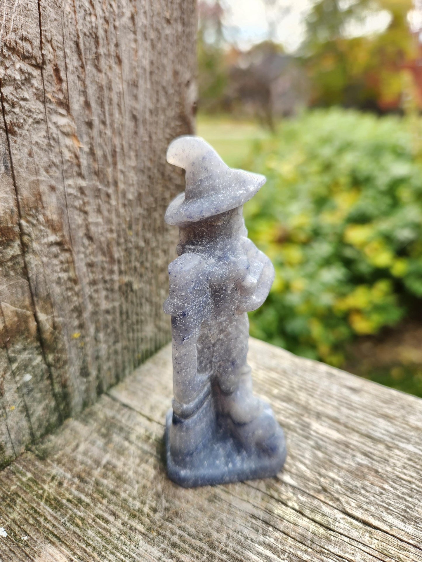 Blue Aventurine Crystal Witch with Cat & Broom Carving