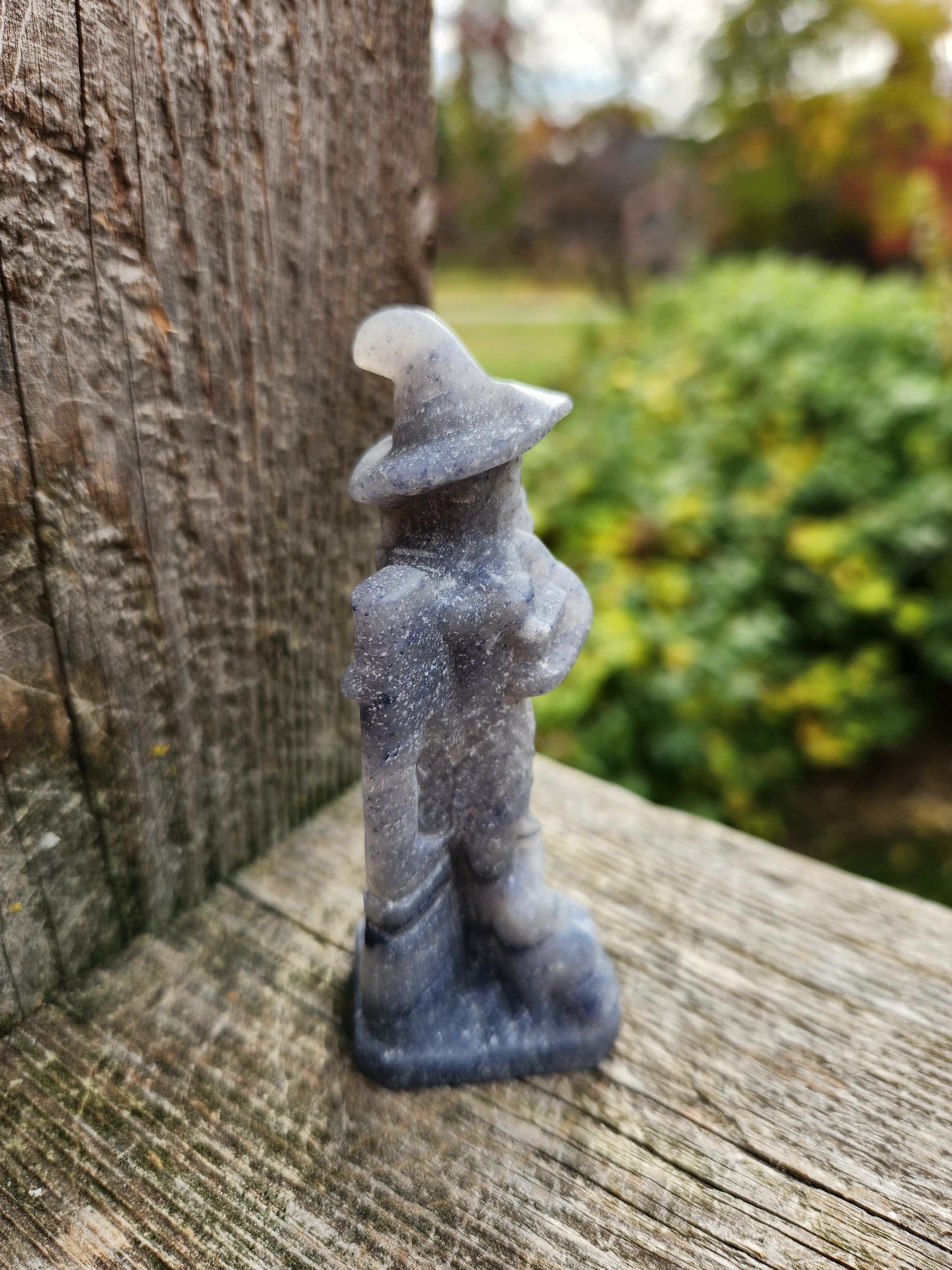 Blue Aventurine Crystal Witch with Cat & Broom Carving