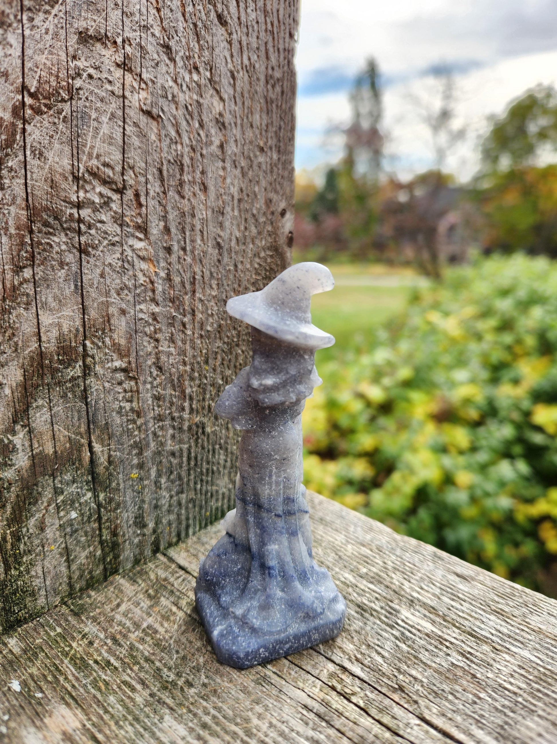 Blue Aventurine Crystal Witch with Cat & Broom Carving