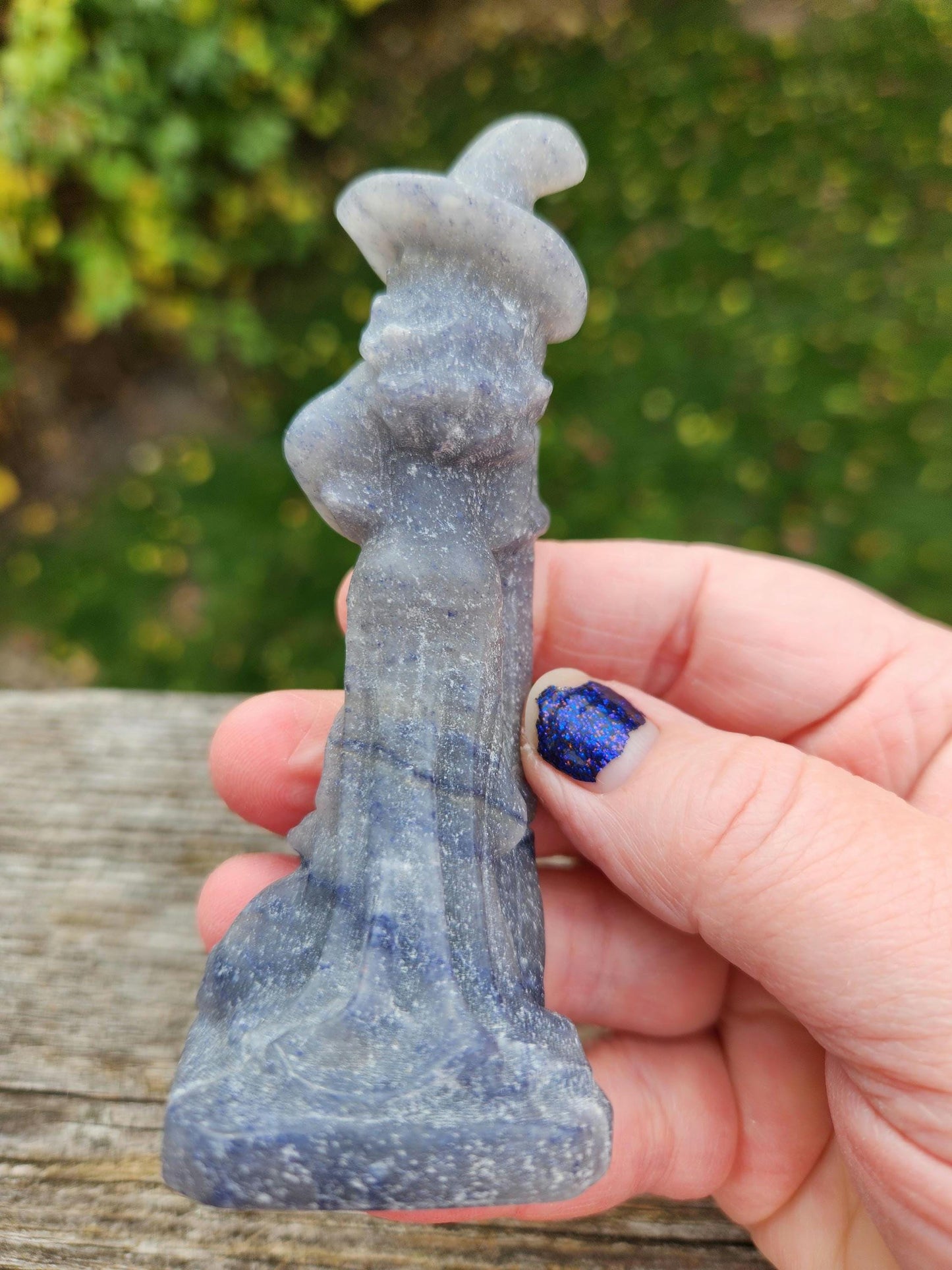 Blue Aventurine Crystal Witch with Cat & Broom Carving