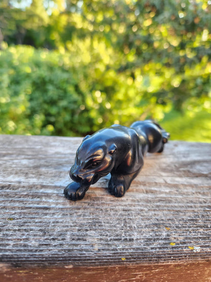 Jaguar Carved Black Obsidian Natural Stone Crystal, Big Cat
