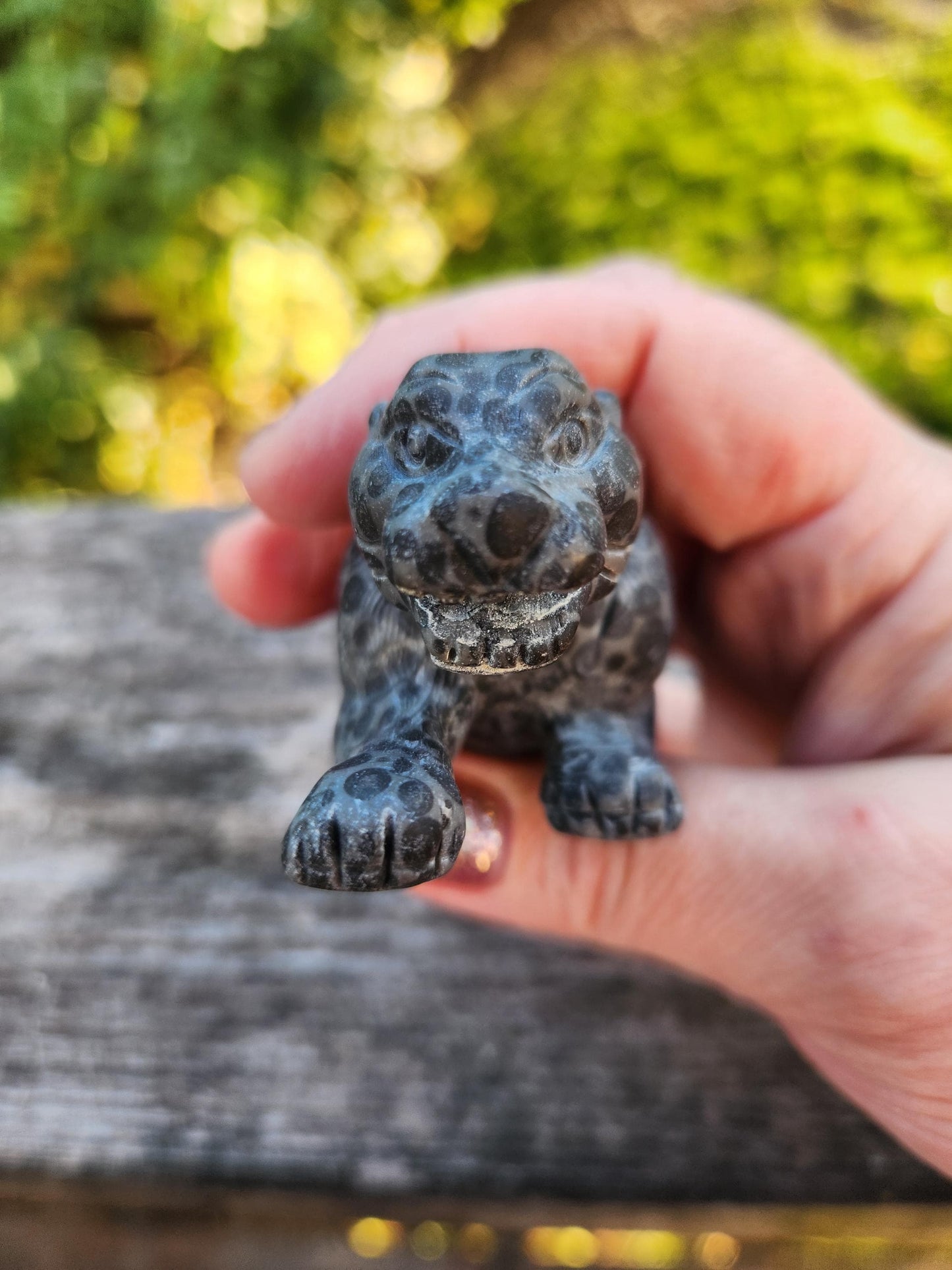 Jaguar Carved Black Spotted Stone Natural Stone Crystal, Big Cat