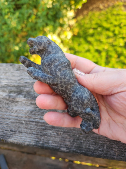 Jaguar Carved Black Spotted Stone Natural Stone Crystal, Big Cat