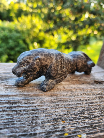 Jaguar Carved Black Spotted Stone Natural Stone Crystal, Big Cat