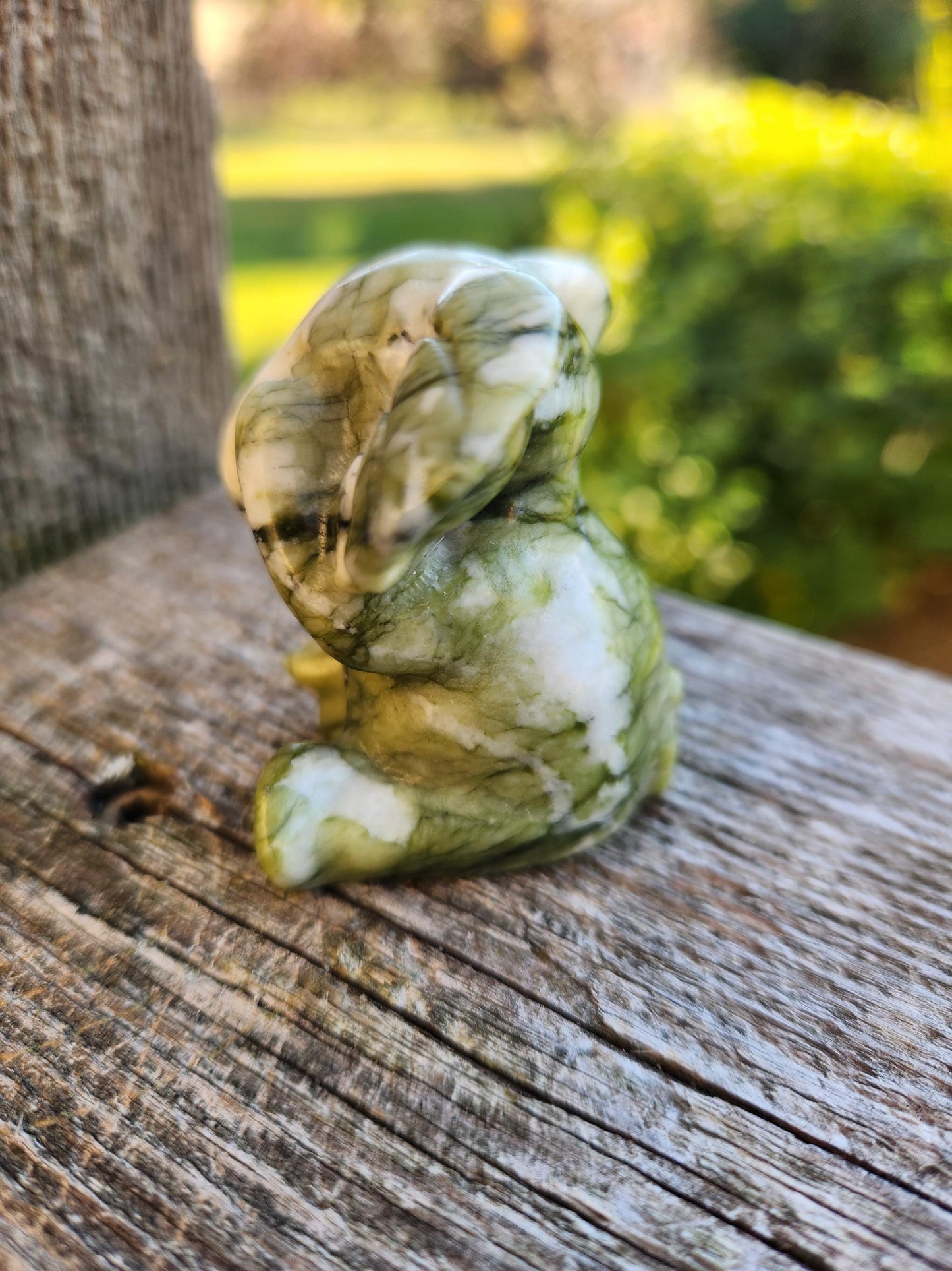 Green & White Carved Jade Elephant Crystal Stone