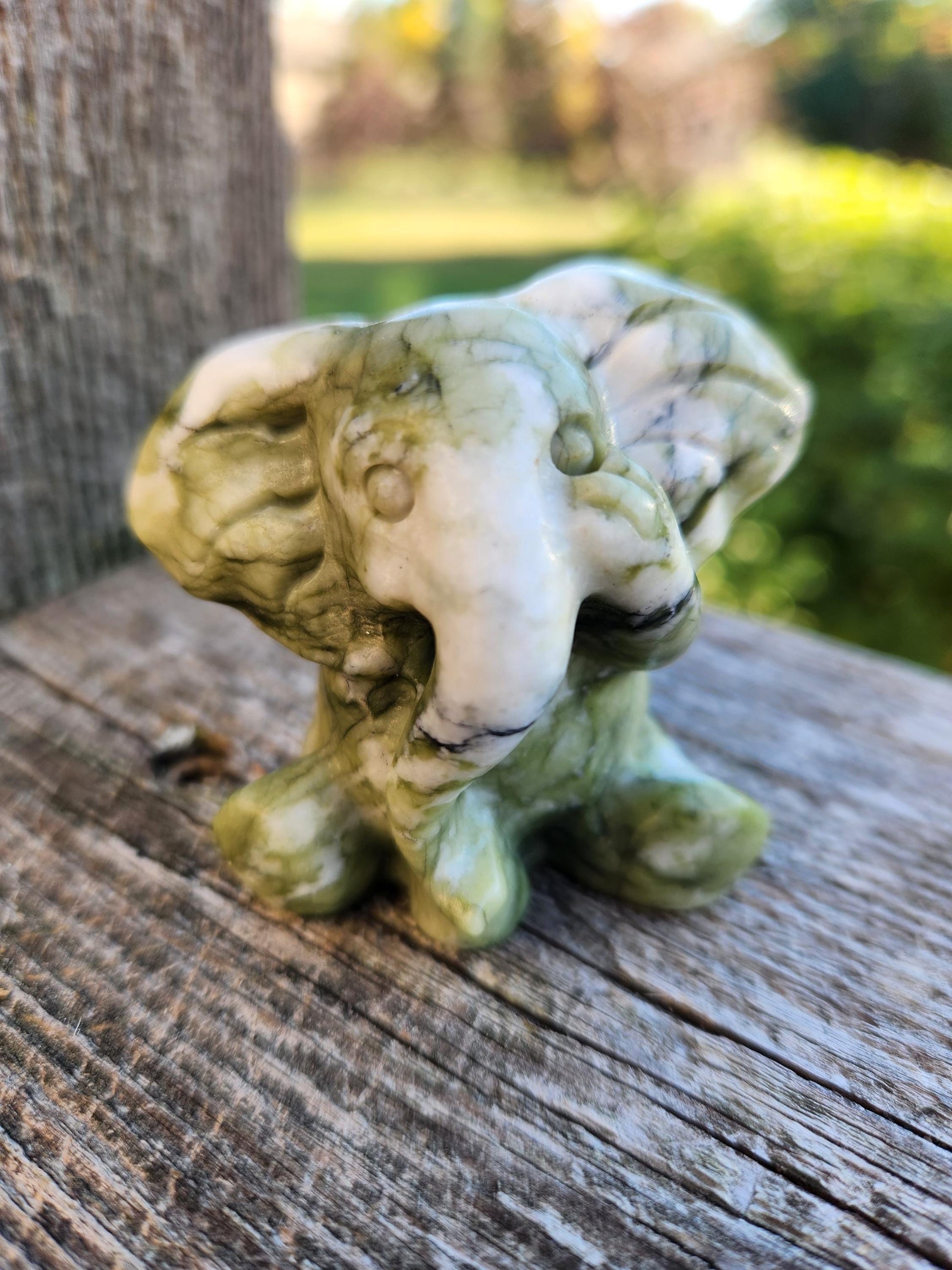 Green & White Carved Jade Elephant Crystal Stone