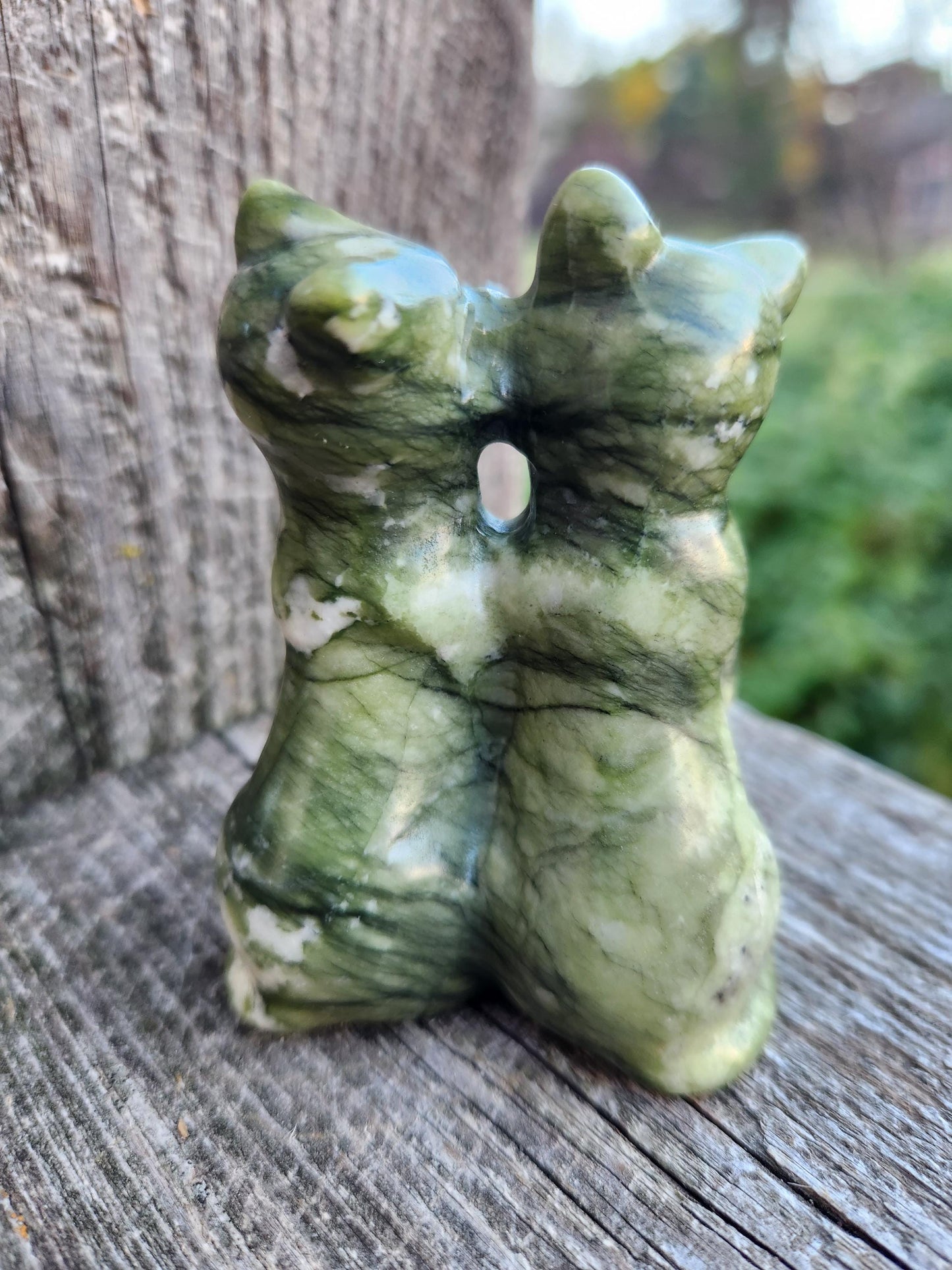Green & White Carved Jade Cats Crystal Stone