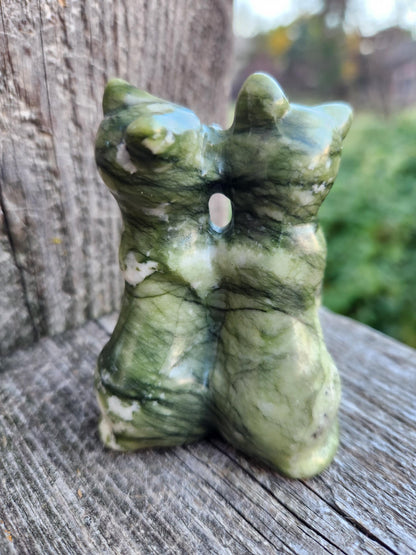 Green & White Carved Jade Cats Crystal Stone