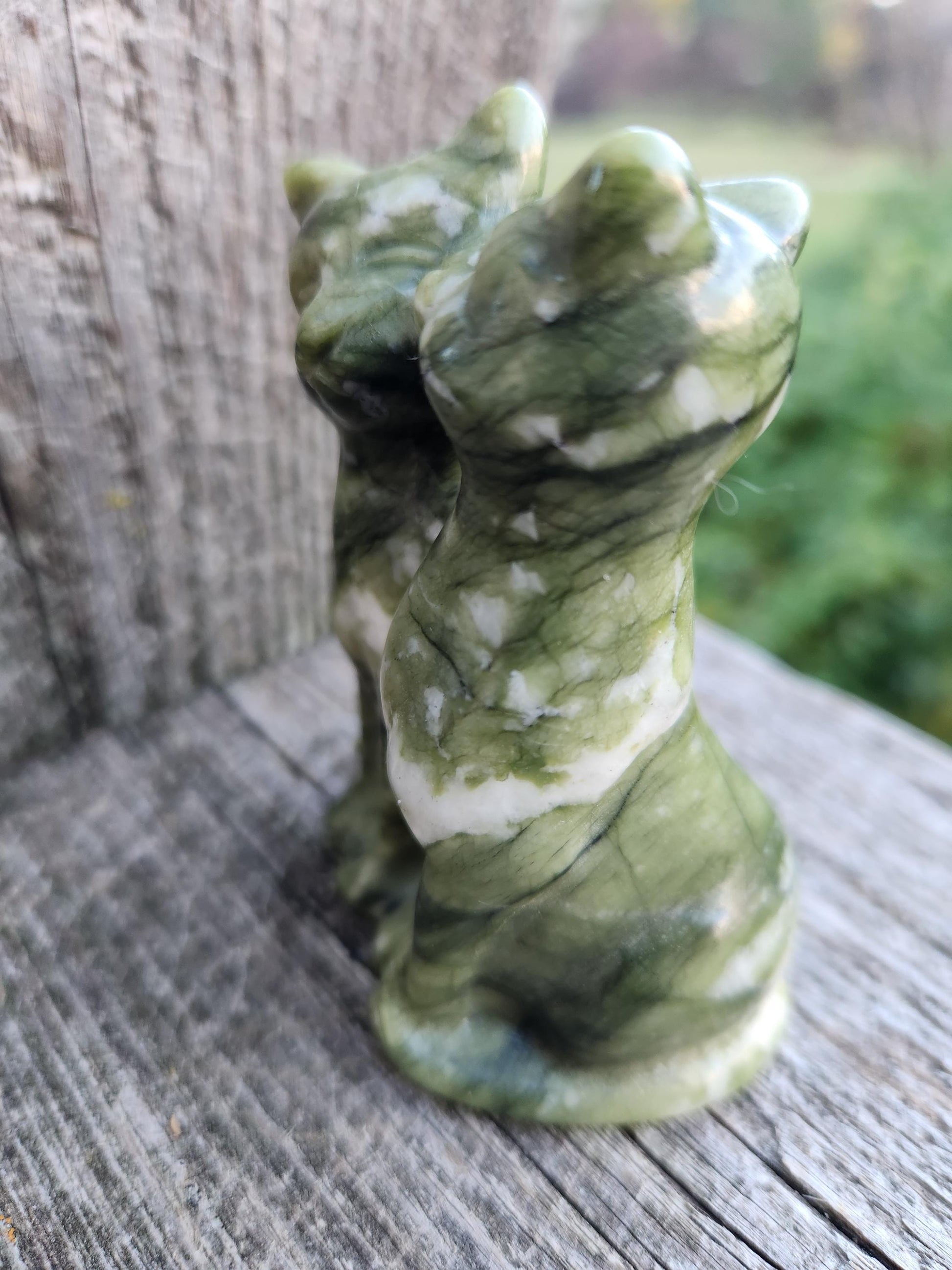 Green & White Carved Jade Cats Crystal Stone