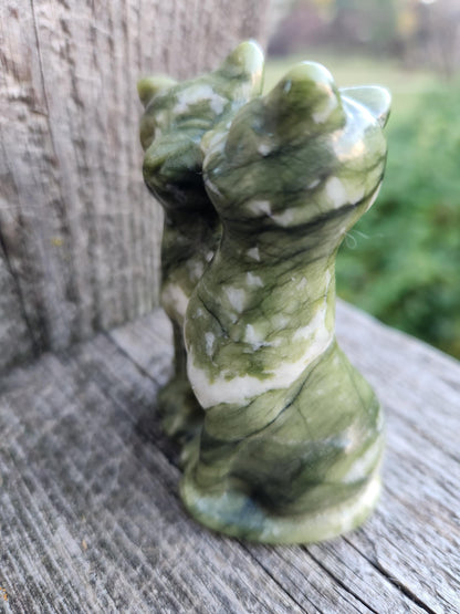 Green & White Carved Jade Cats Crystal Stone