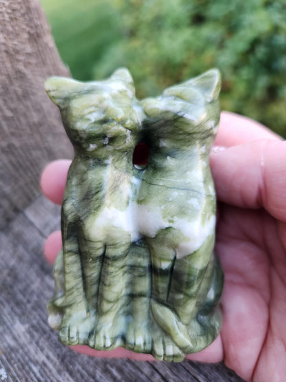 Green & White Carved Jade Cats Crystal Stone