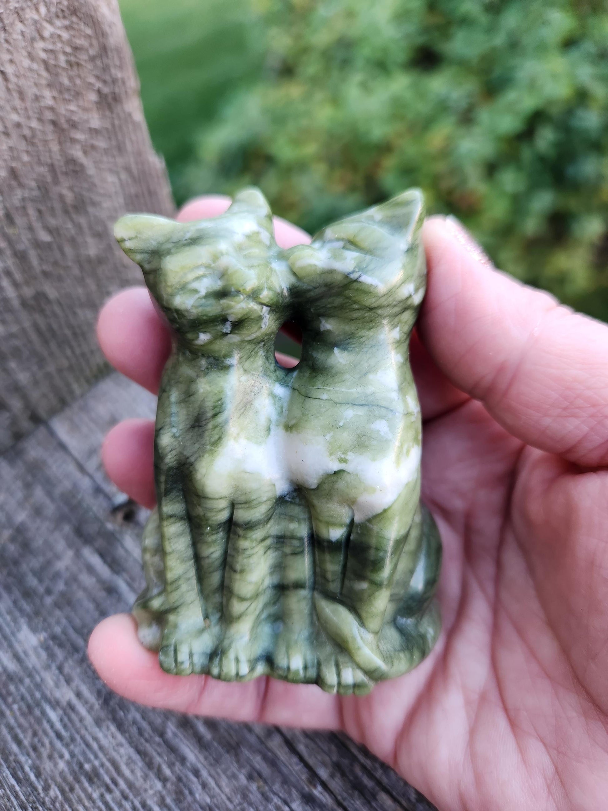 Green & White Carved Jade Cats Crystal Stone
