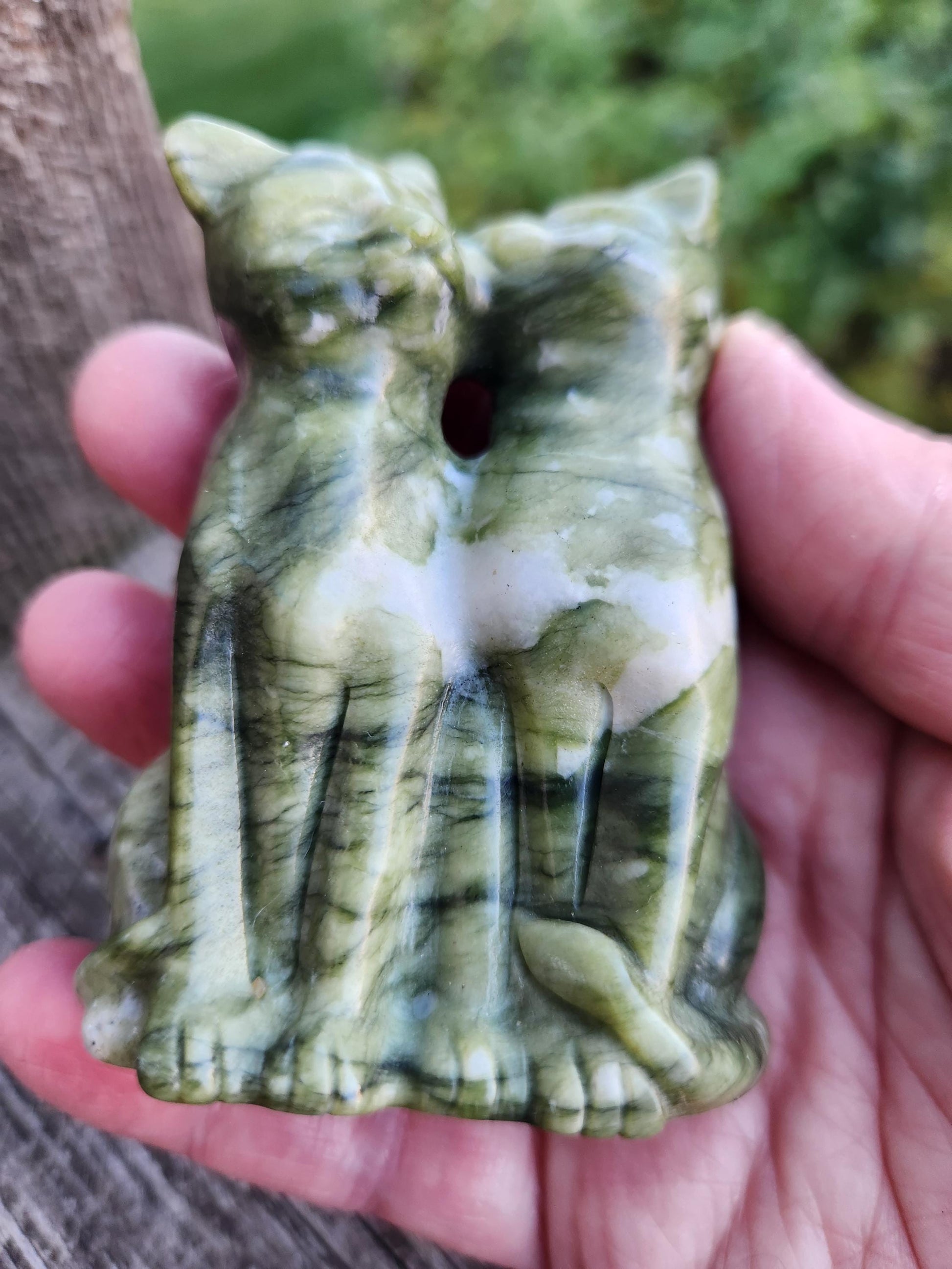 Green & White Carved Jade Cats Crystal Stone