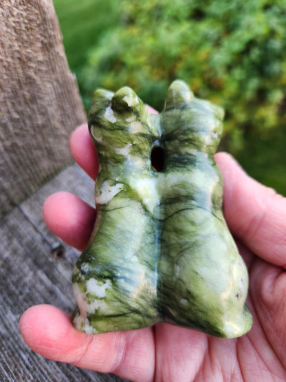 Green & White Carved Jade Cats Crystal Stone