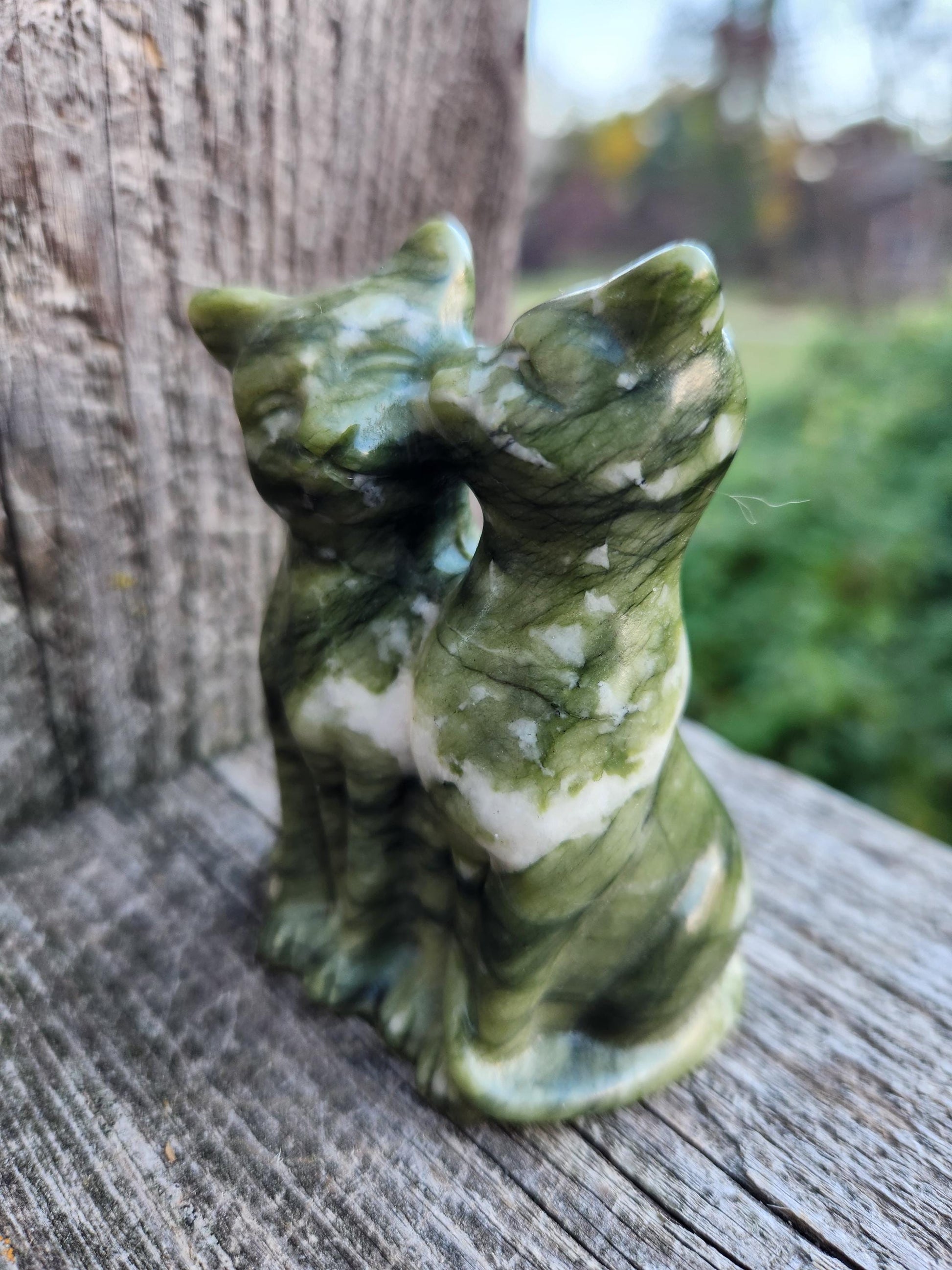 Green & White Carved Jade Cats Crystal Stone