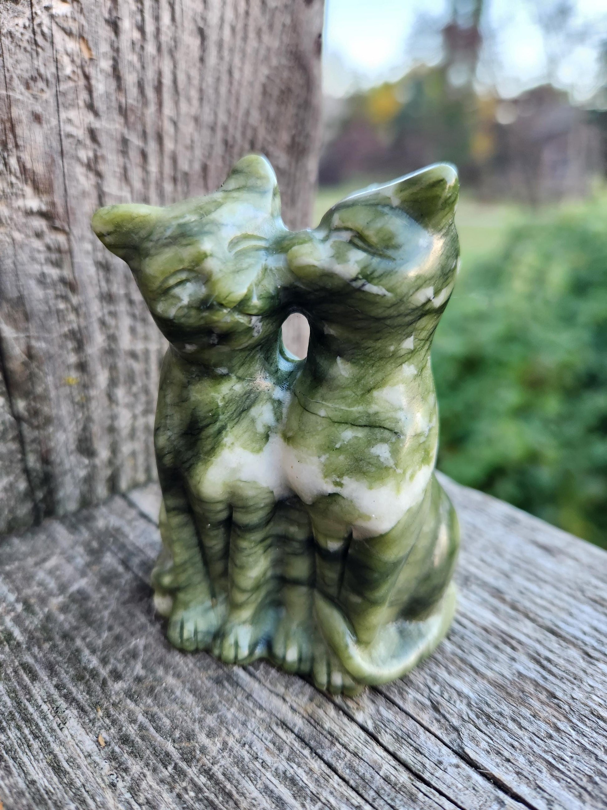 Green & White Carved Jade Cats Crystal Stone