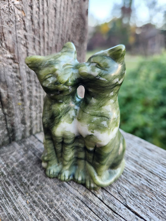Green & White Carved Jade Cats Crystal Stone